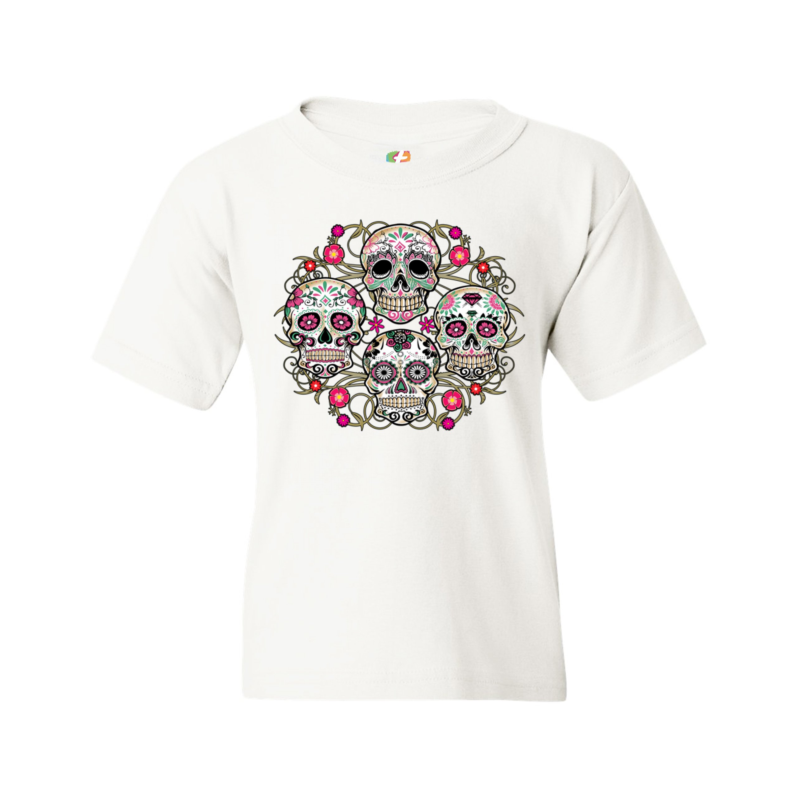 Day of the Dead Floral Sugar Skulls Youth T-shirt Dia de los Muertos Kids - Picture 15 of 29