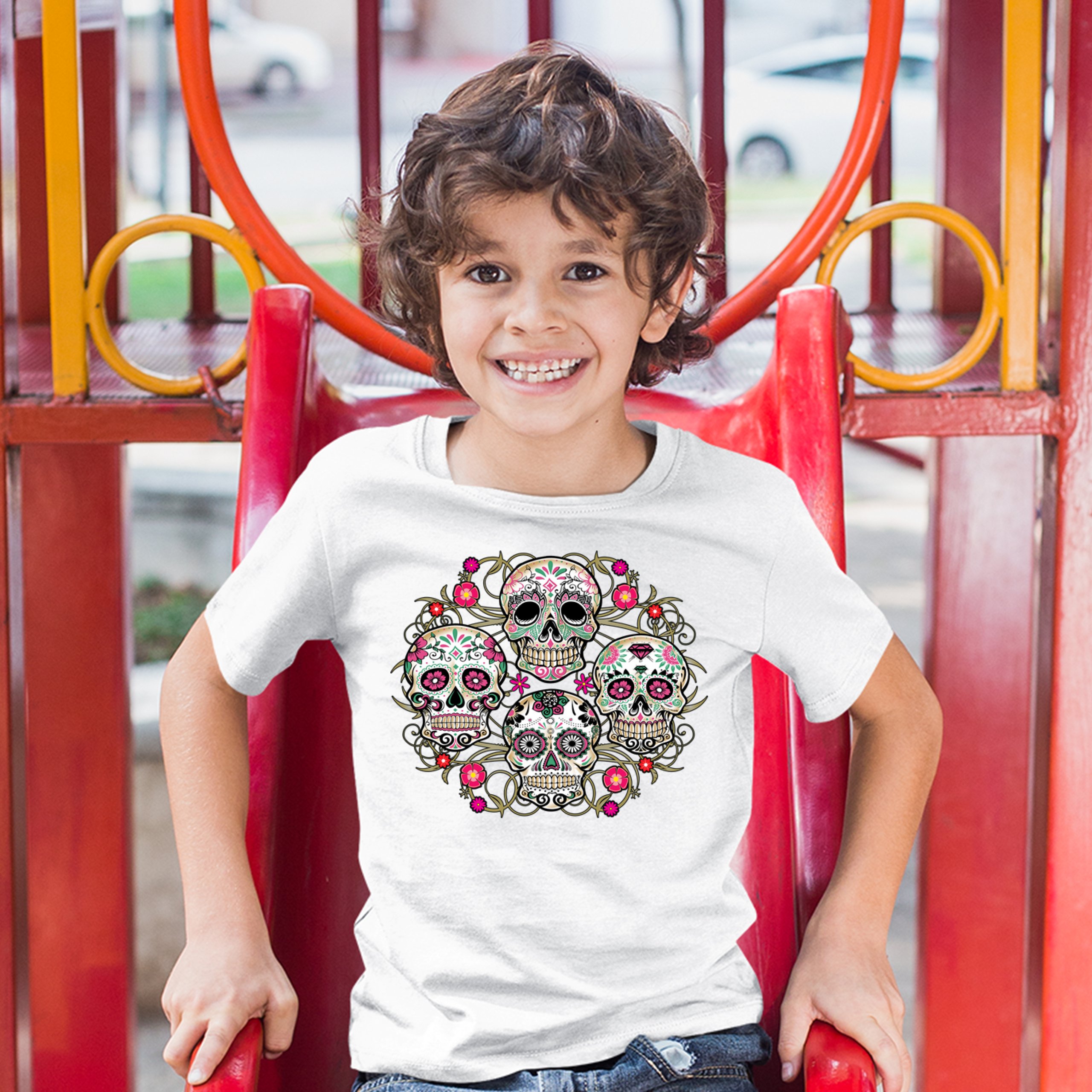 Day of the Dead Floral Sugar Skulls Youth T-shirt Dia de los Muertos Kids - Picture 17 of 29