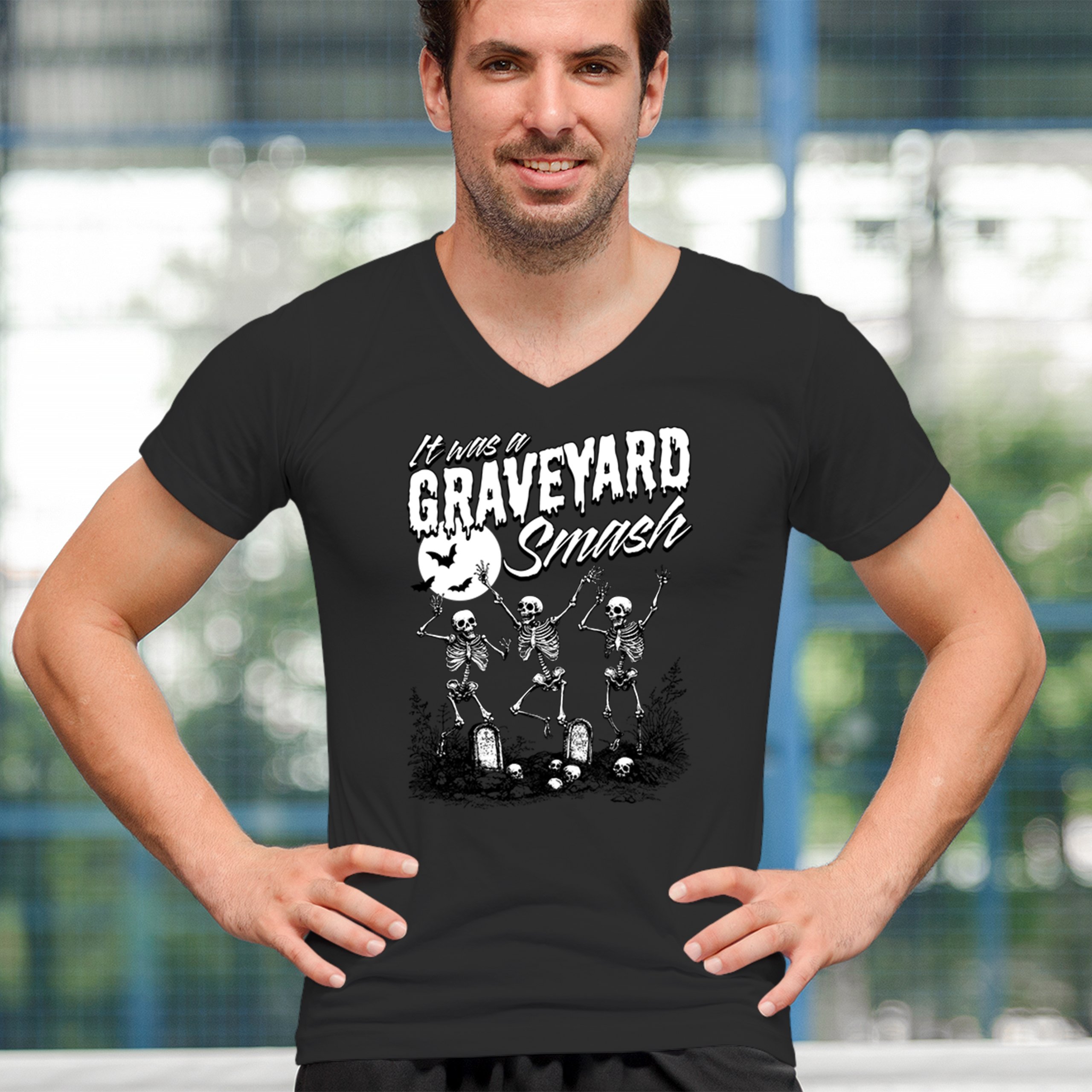 It Was a Graveyard Smash Halloween Skeleton V-Neck T-shirt Pumpkin