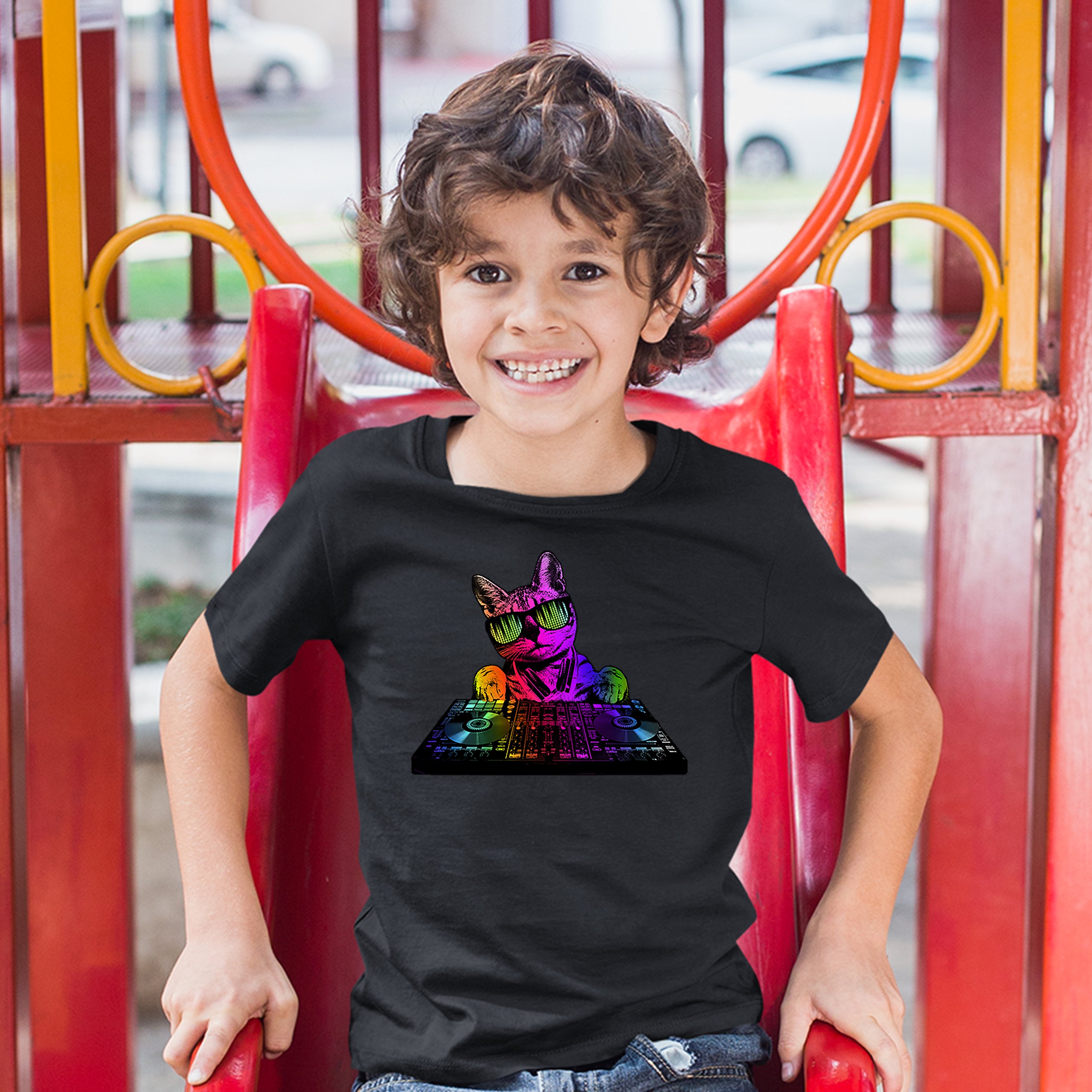 Dj Kitty Youth T-shirt Rainbow Cat Funny Animal Lovers Music Kids - Picture 9 of 29