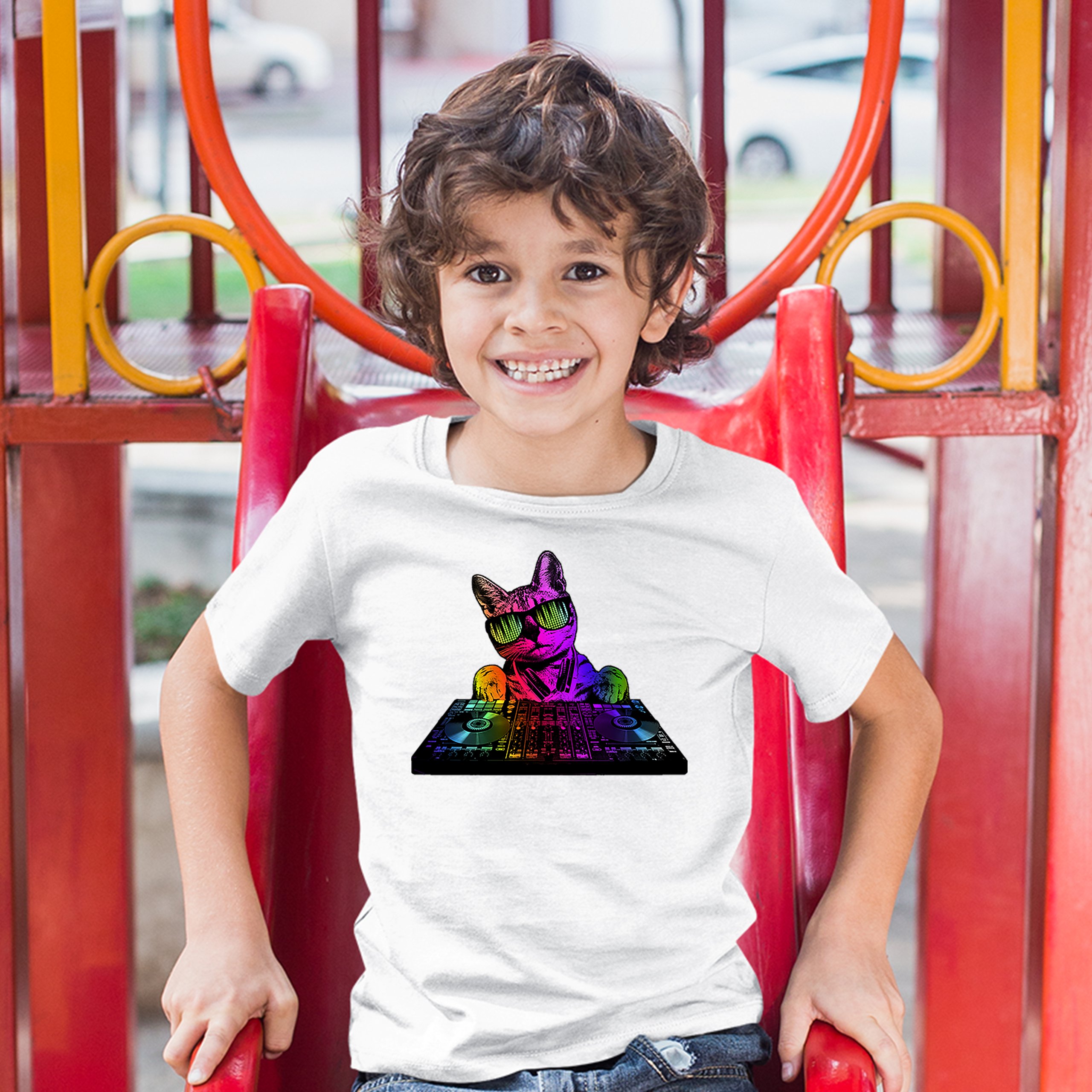 Dj Kitty Youth T-shirt Rainbow Cat Funny Animal Lovers Music Kids - Picture 5 of 29