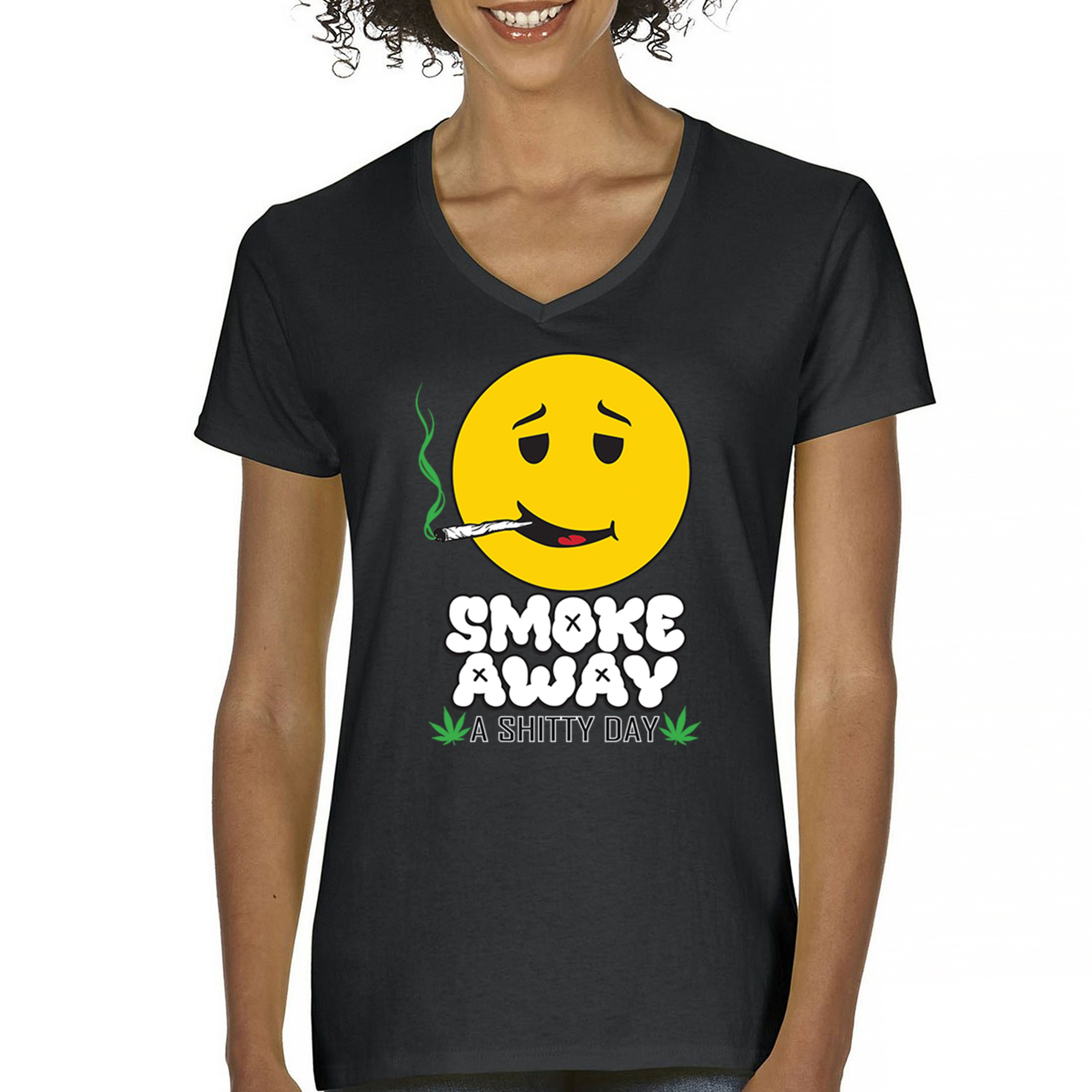 Smoke Away A S***ty Day Women’s V-Neck T-shirt Weed Cannabis Joint Chill Funny