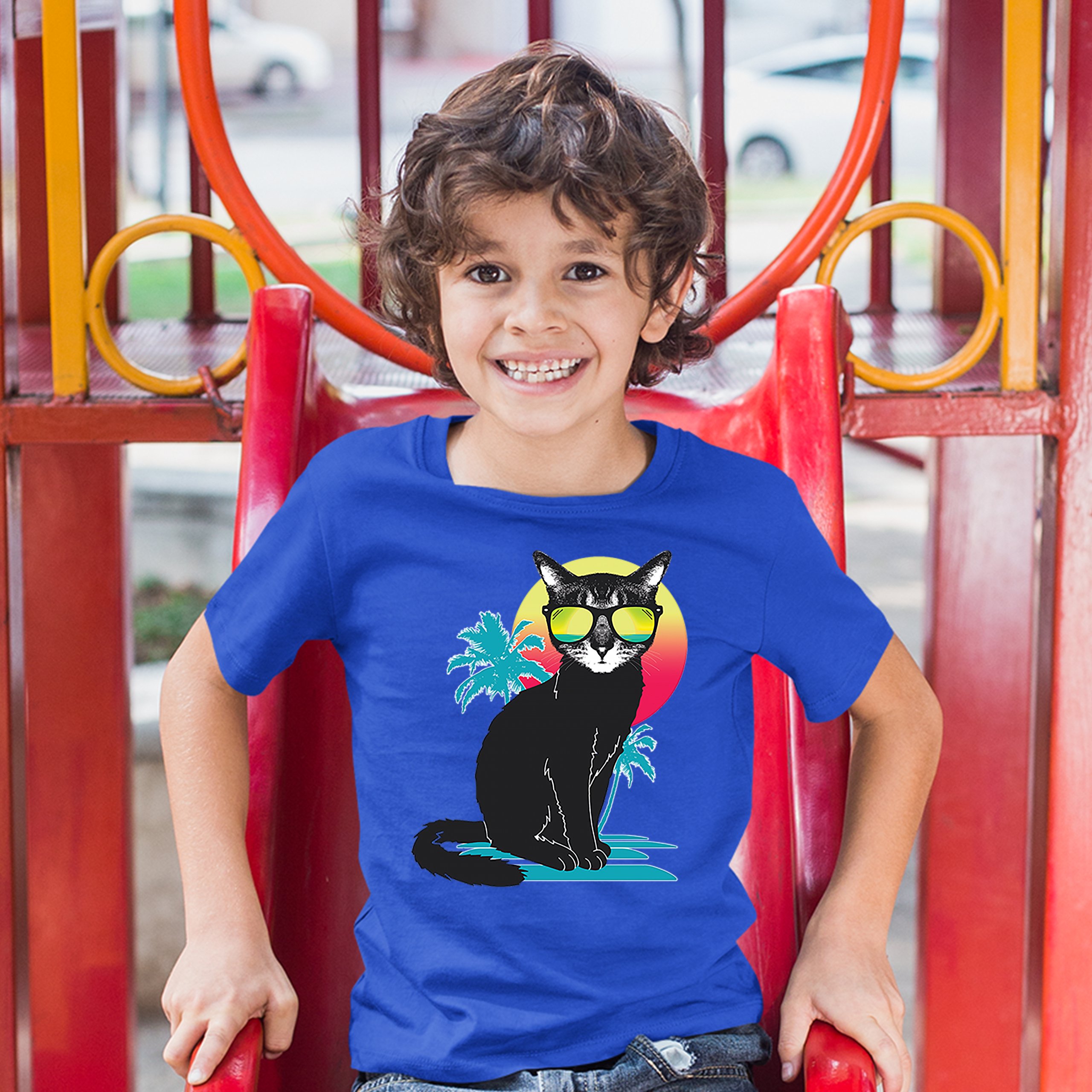 Cool Summer Cat Youth T-shirt Neon Kitty on a Beach Animal Lovers Kids - Picture 21 of 25