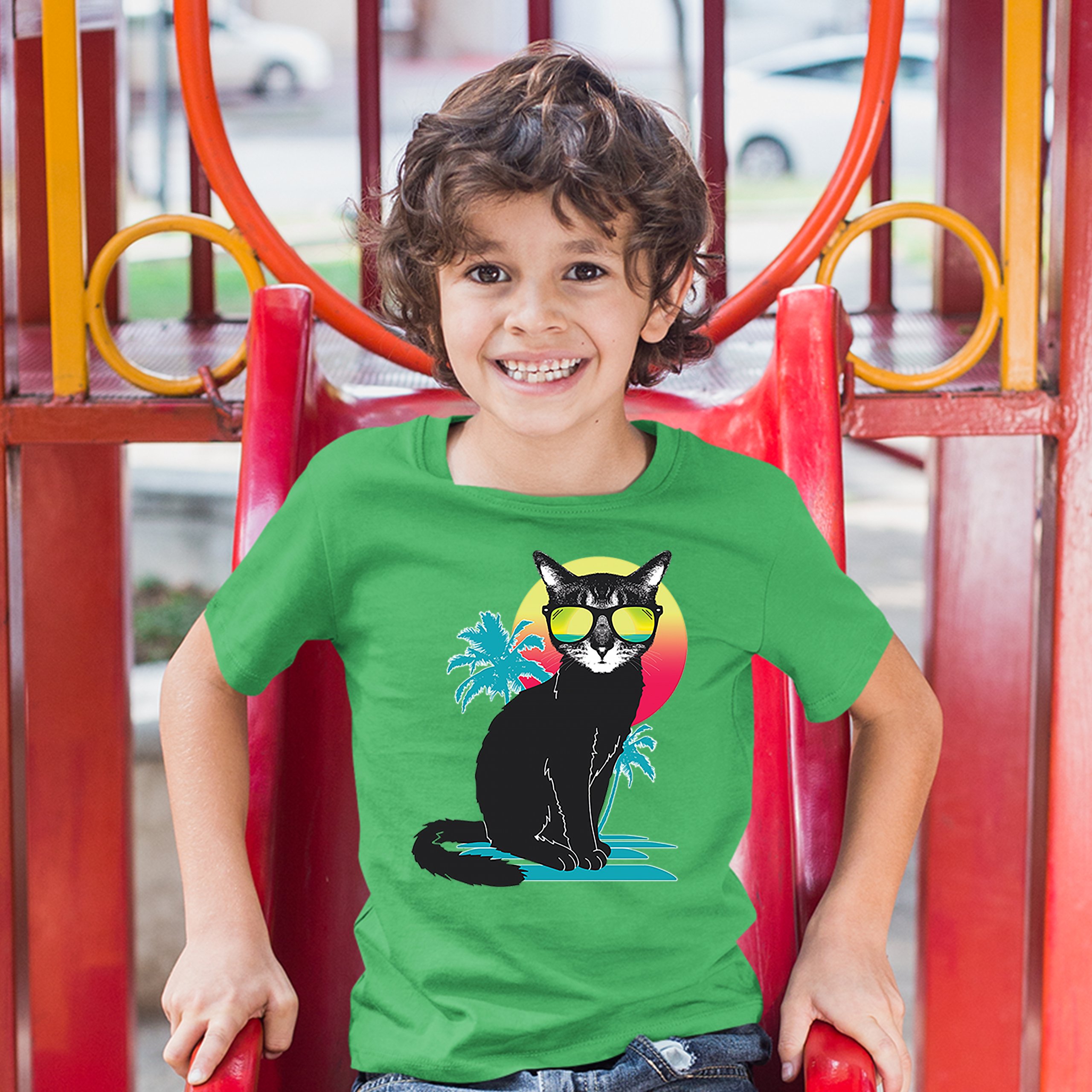 Cool Summer Cat Youth T-shirt Neon Kitty on a Beach Animal Lovers Kids - Picture 17 of 25