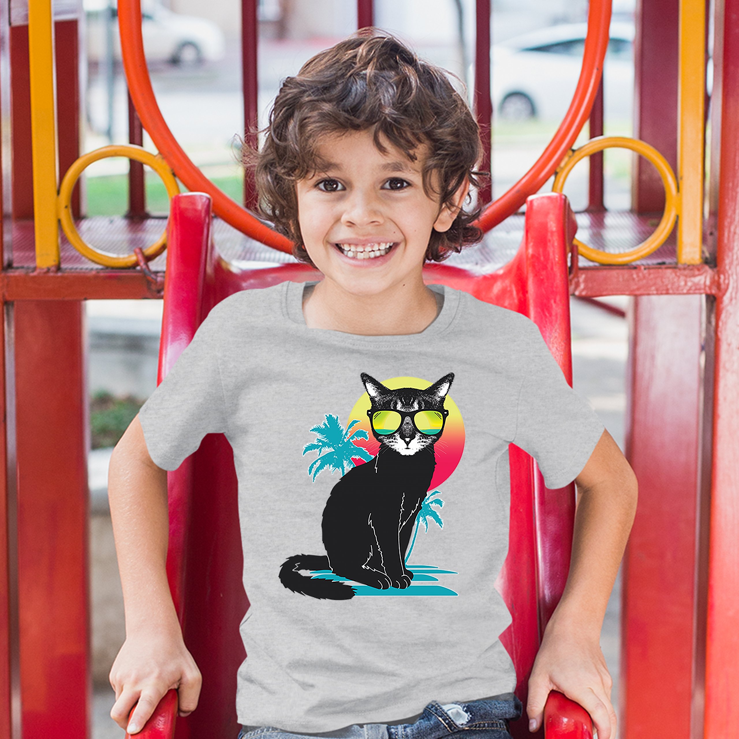 Cool Summer Cat Youth T-shirt Neon Kitty on a Beach Animal Lovers Kids - Picture 9 of 25