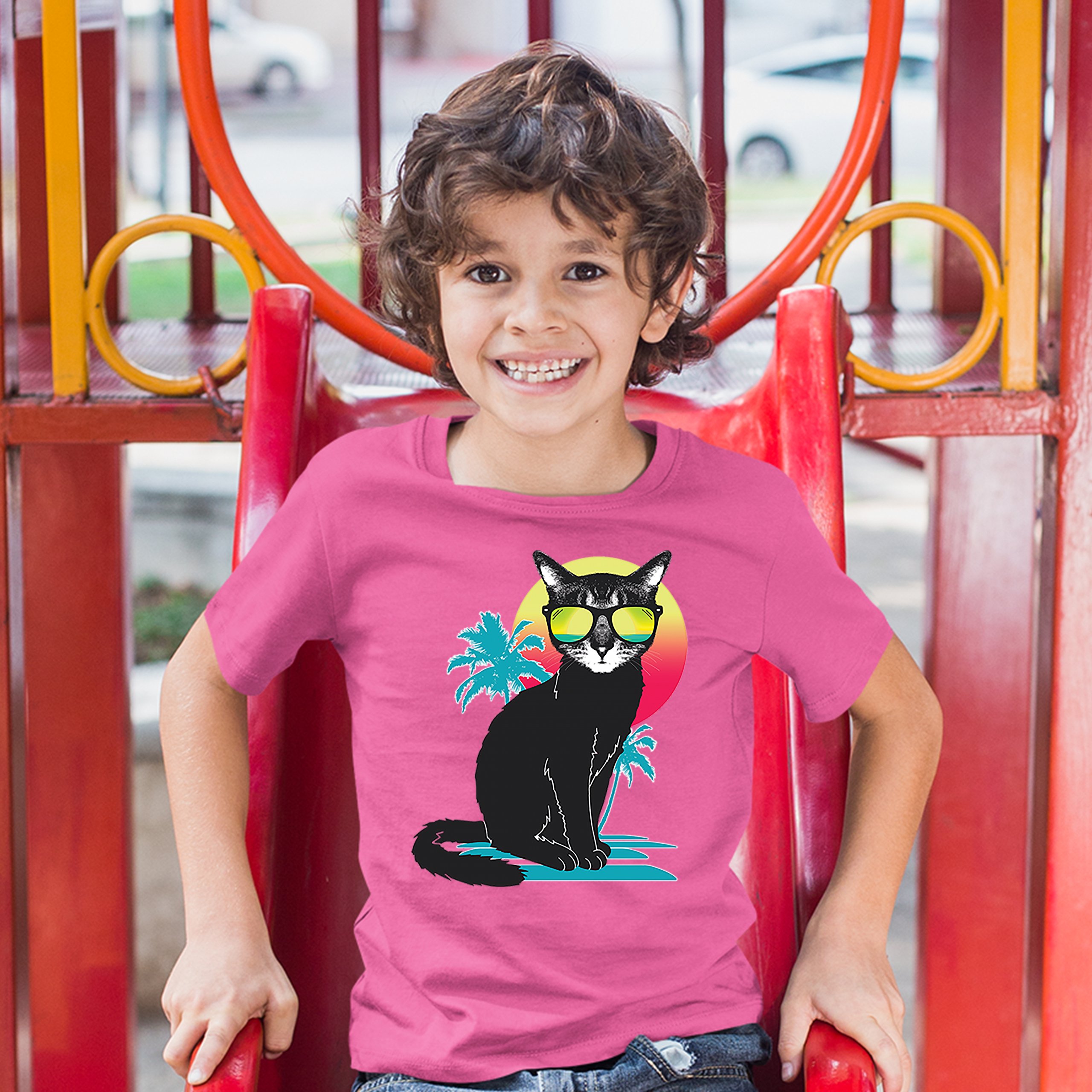 Cool Summer Cat Youth T-shirt Neon Kitty on a Beach Animal Lovers Kids - Picture 25 of 25