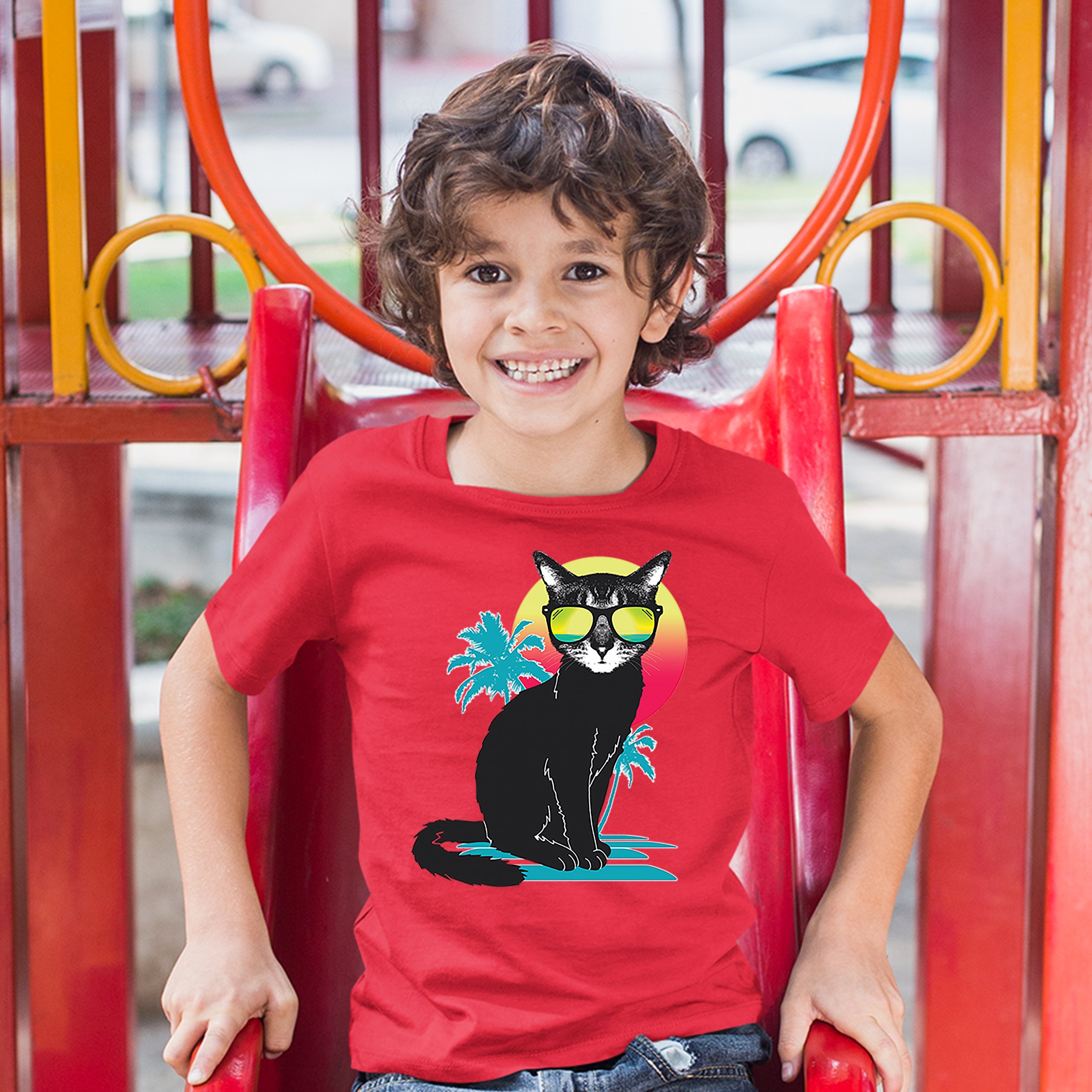 Cool Summer Cat Youth T-shirt Neon Kitty on a Beach Animal Lovers Kids - Picture 13 of 25