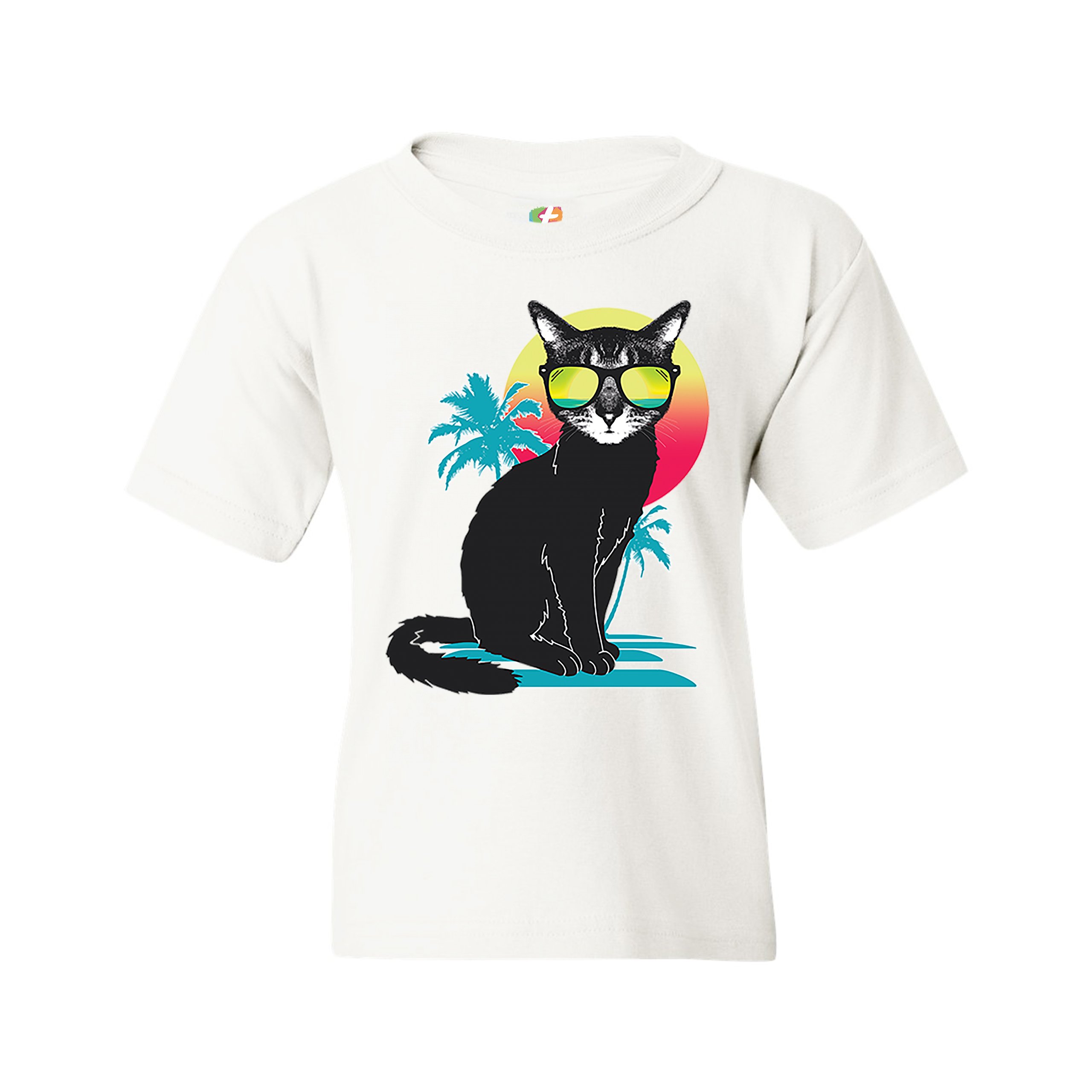 Cool Summer Cat Youth T-shirt Neon Kitty on a Beach Animal Lovers Kids - Picture 3 of 25