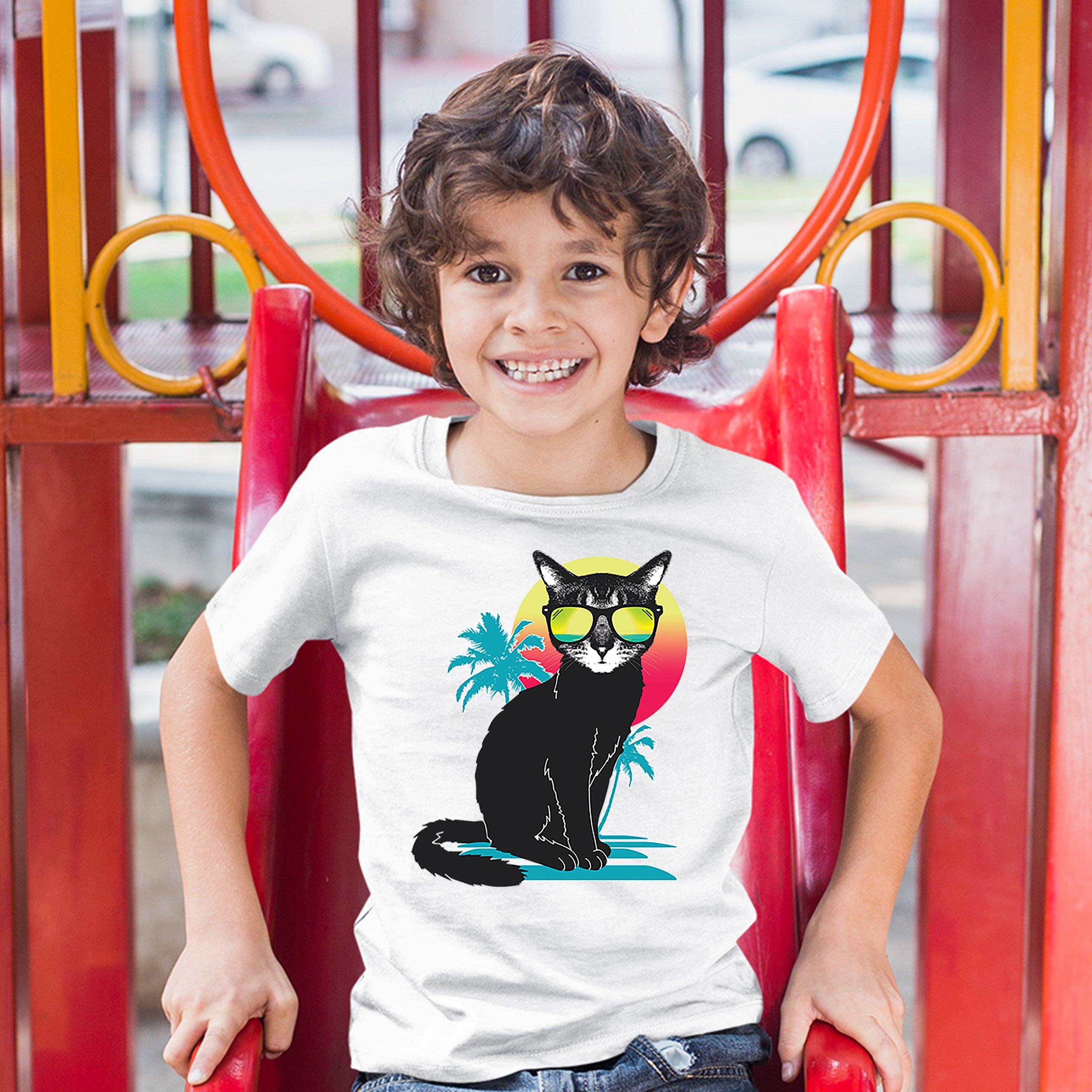 Cool Summer Cat Youth T-shirt Neon Kitty on a Beach Animal Lovers Kids - Picture 5 of 25