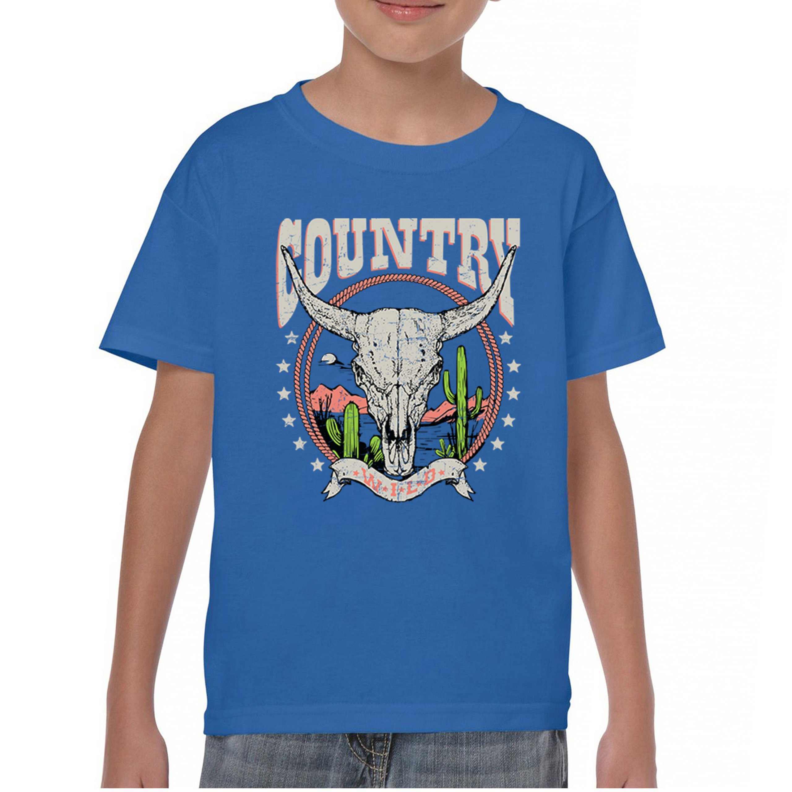 Country Wild Youth T-shirt Vintage Steer Skull Desert Cowgirl Rodeo Kids - Picture 16 of 29