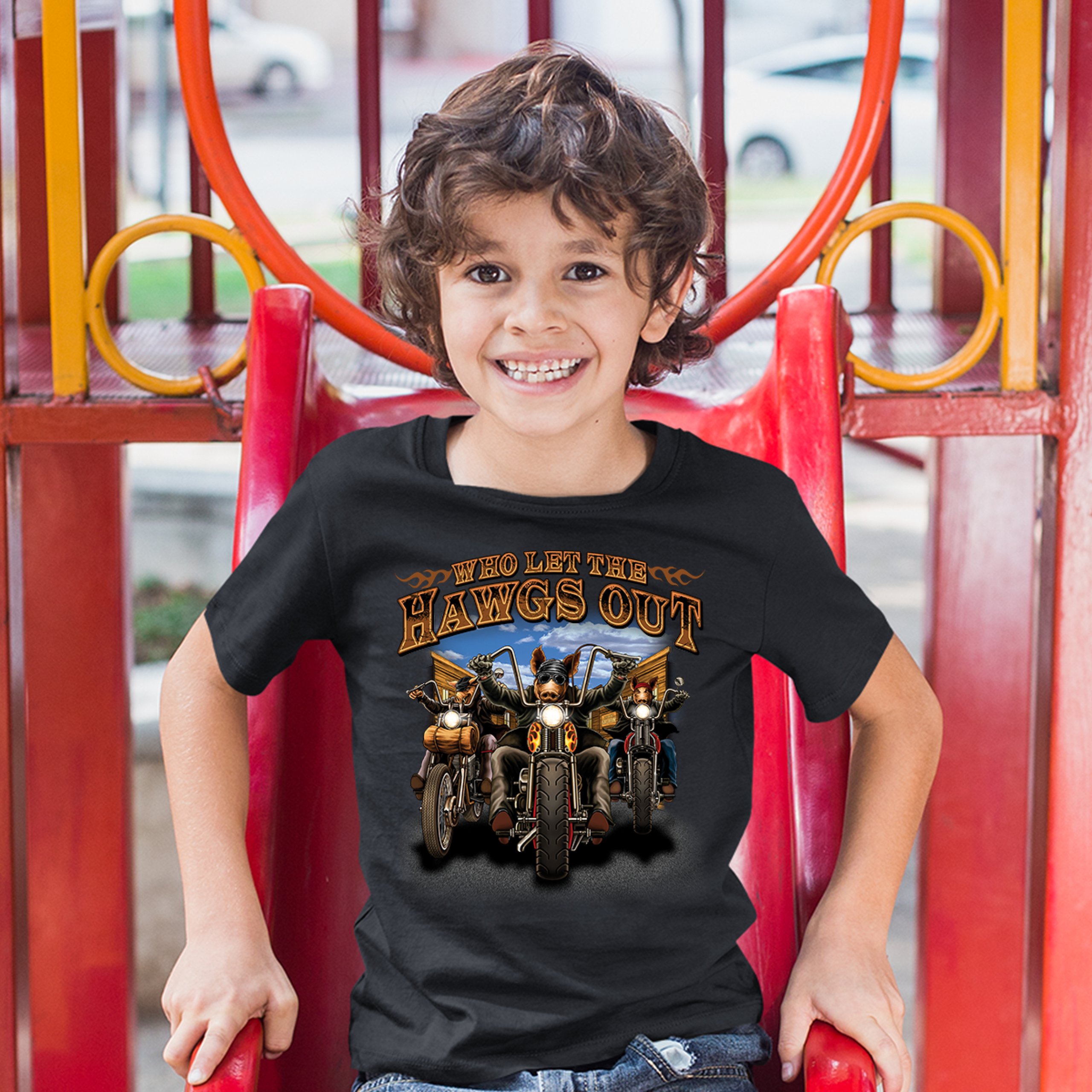 Who Let the Hawgs Out Youth T-shirt Biker Motorcycle Gang Live to Ride Kids - Picture 5 of 29