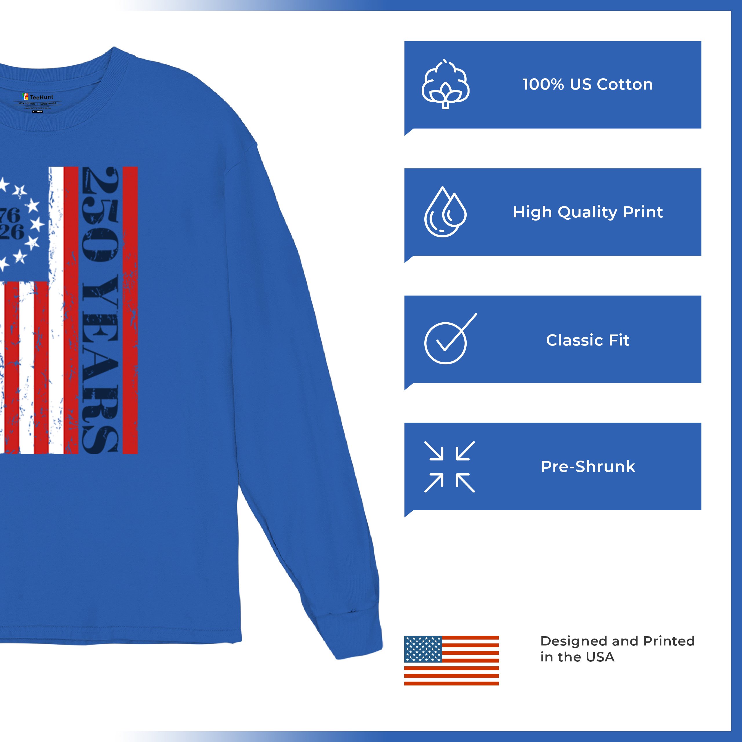 USA 250 Years Flag Long Sleeve T-shirt American Patriotic July 4th Freedom - Picture 63 of 78