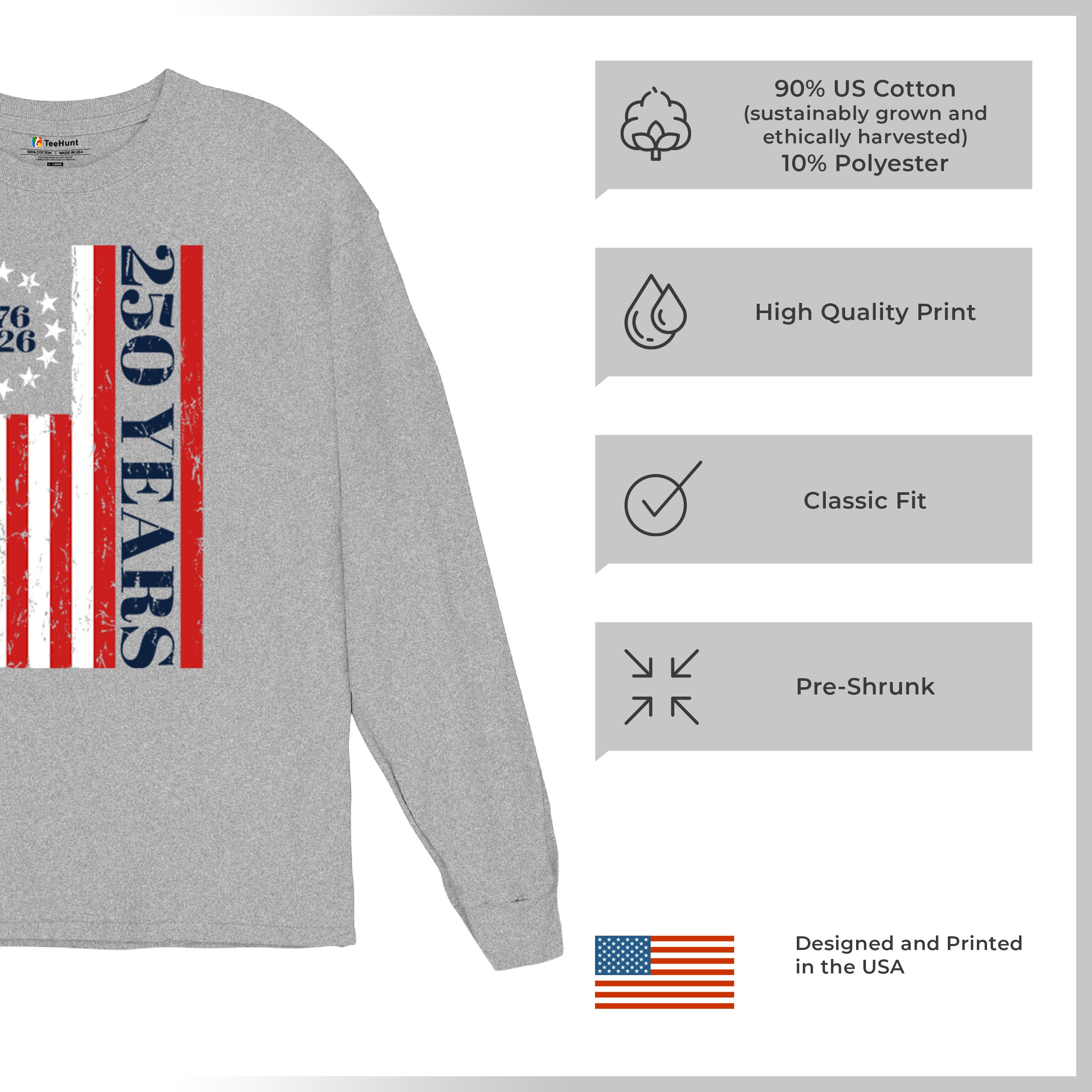 USA 250 Years Flag Long Sleeve T-shirt American Patriotic July 4th Freedom - Picture 7 of 78