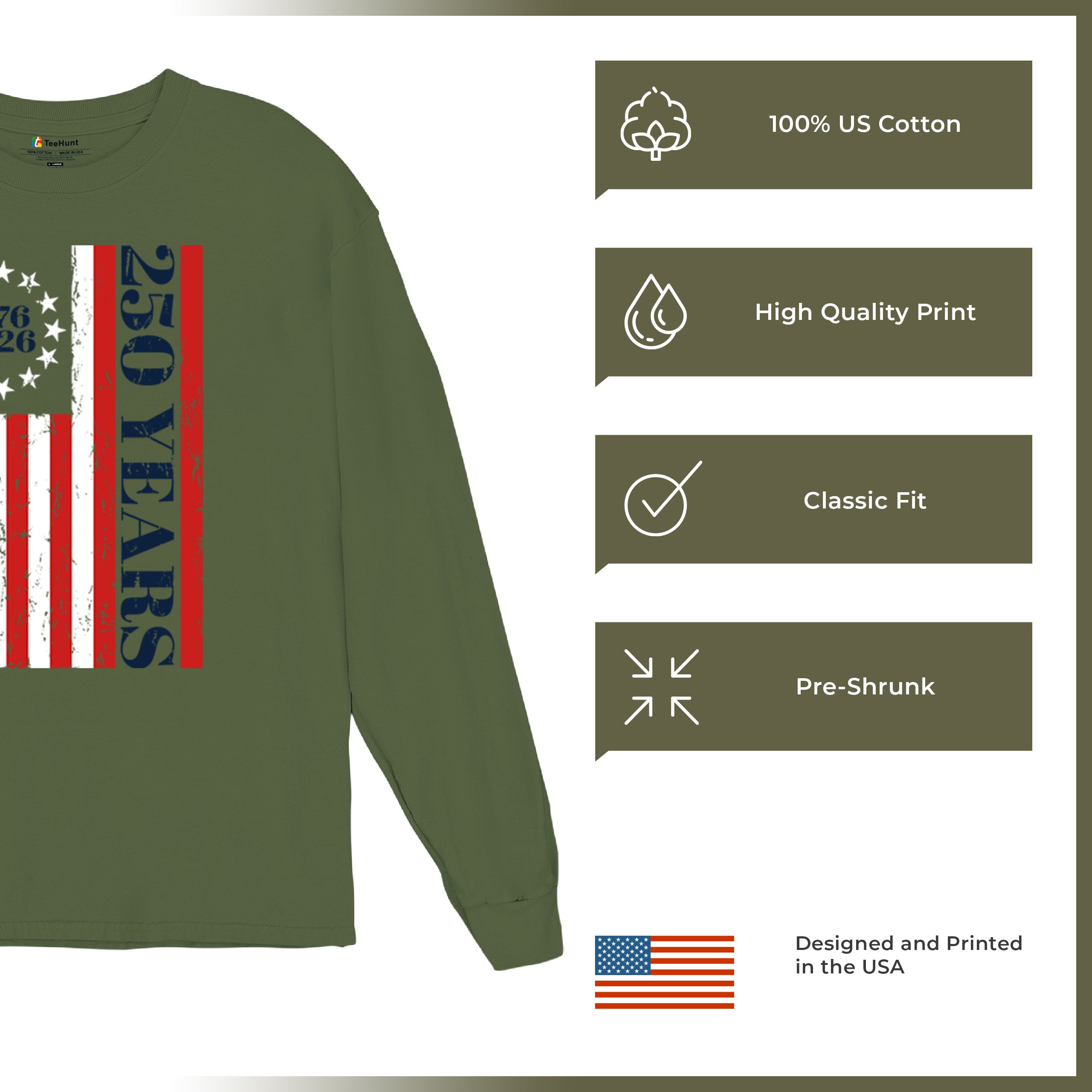 USA 250 Years Flag Long Sleeve T-shirt American Patriotic July 4th Freedom - Picture 56 of 78