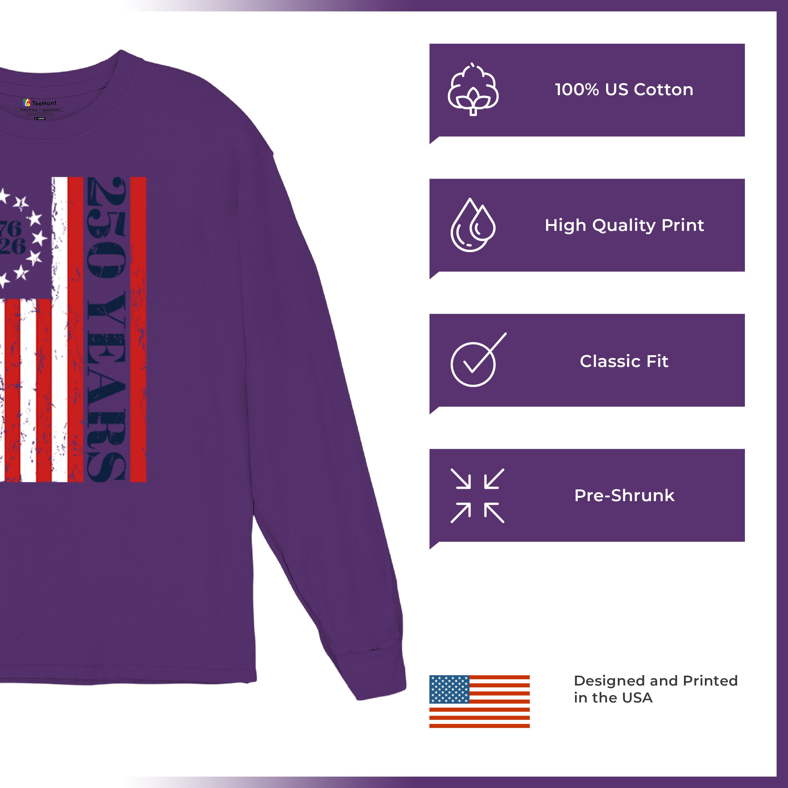 USA 250 Years Flag Long Sleeve T-shirt American Patriotic July 4th Freedom - Picture 21 of 78