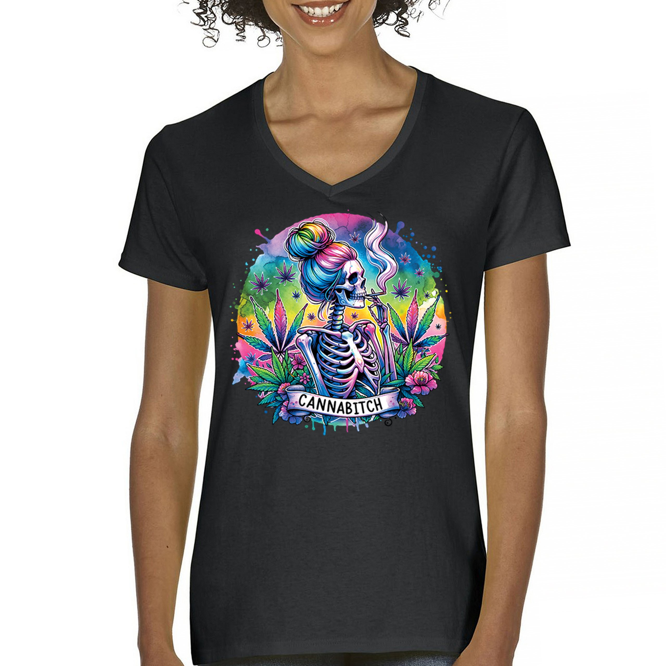 Cannabitch Women’s V-Neck T-shirt Cute 420 Psychedelic Weed Skeleton Pothead
