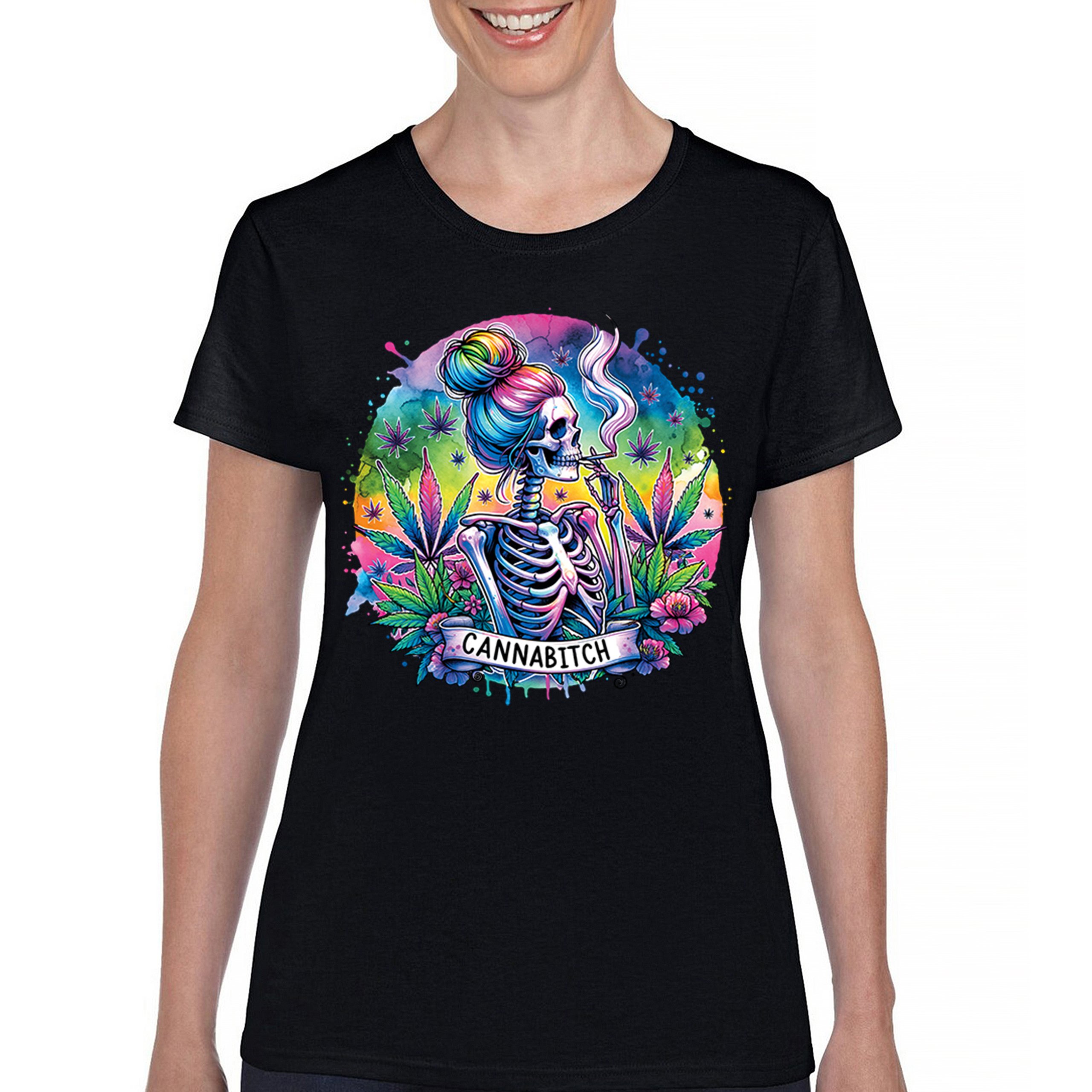 Cannabitch T-Shirt Cute 420 Psychedelic Weed Skeleton Pothead Women’s Tee