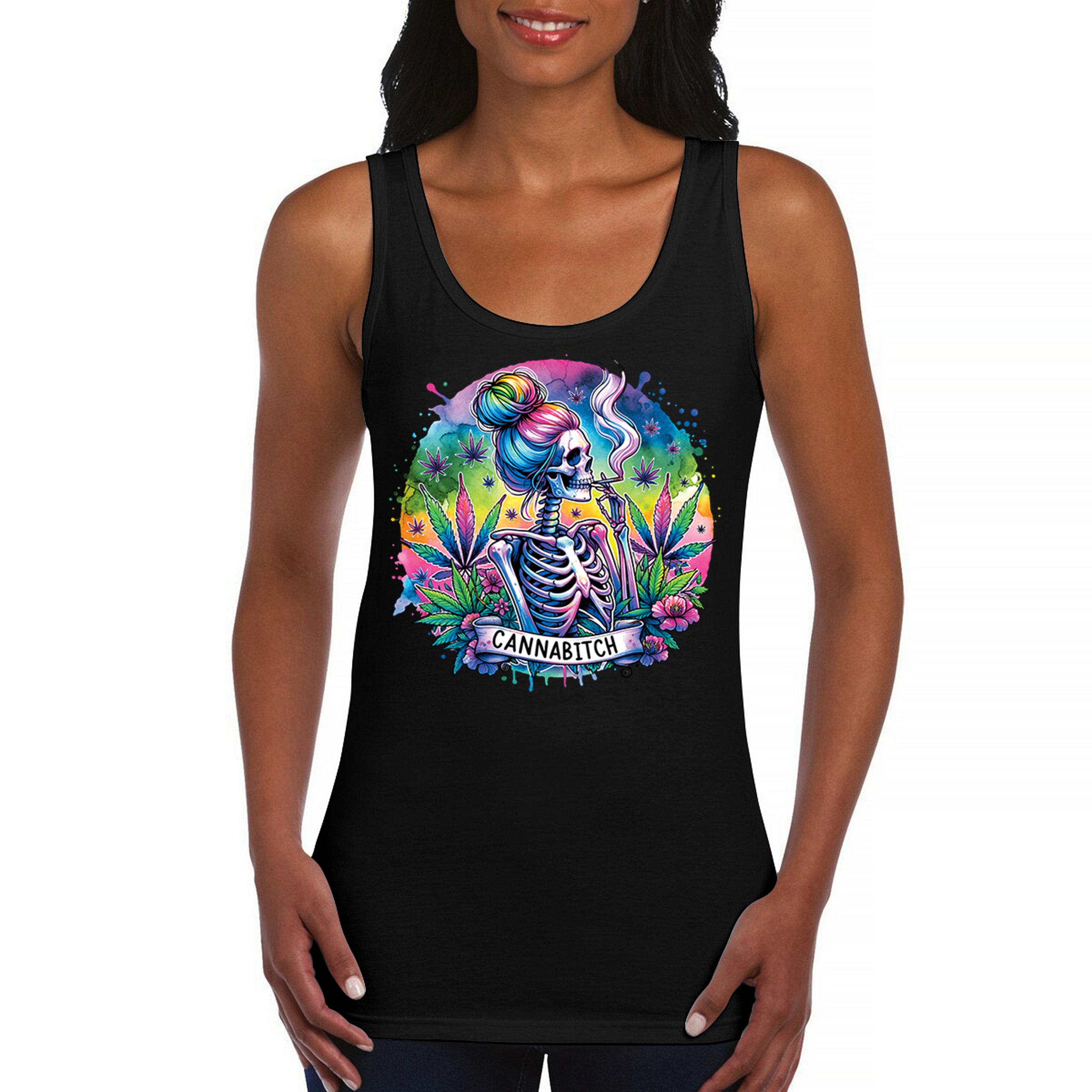 Cannabitch Women’s Tank Top Cute 420 Psychedelic Weed Skeleton Pothead