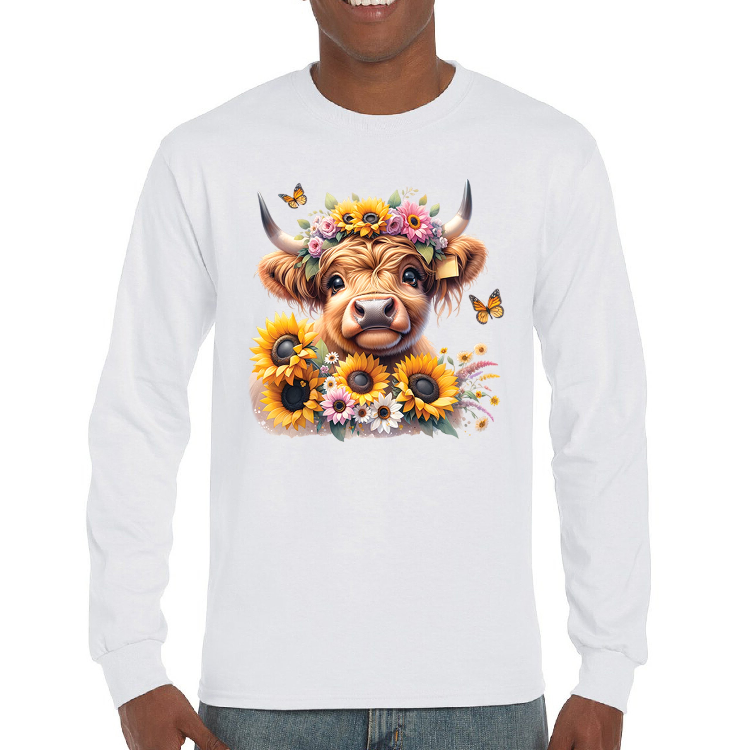 Highland Cow Flowers Long Sleeve T-shirt Country Cowgirl Sunflower Farmhouse