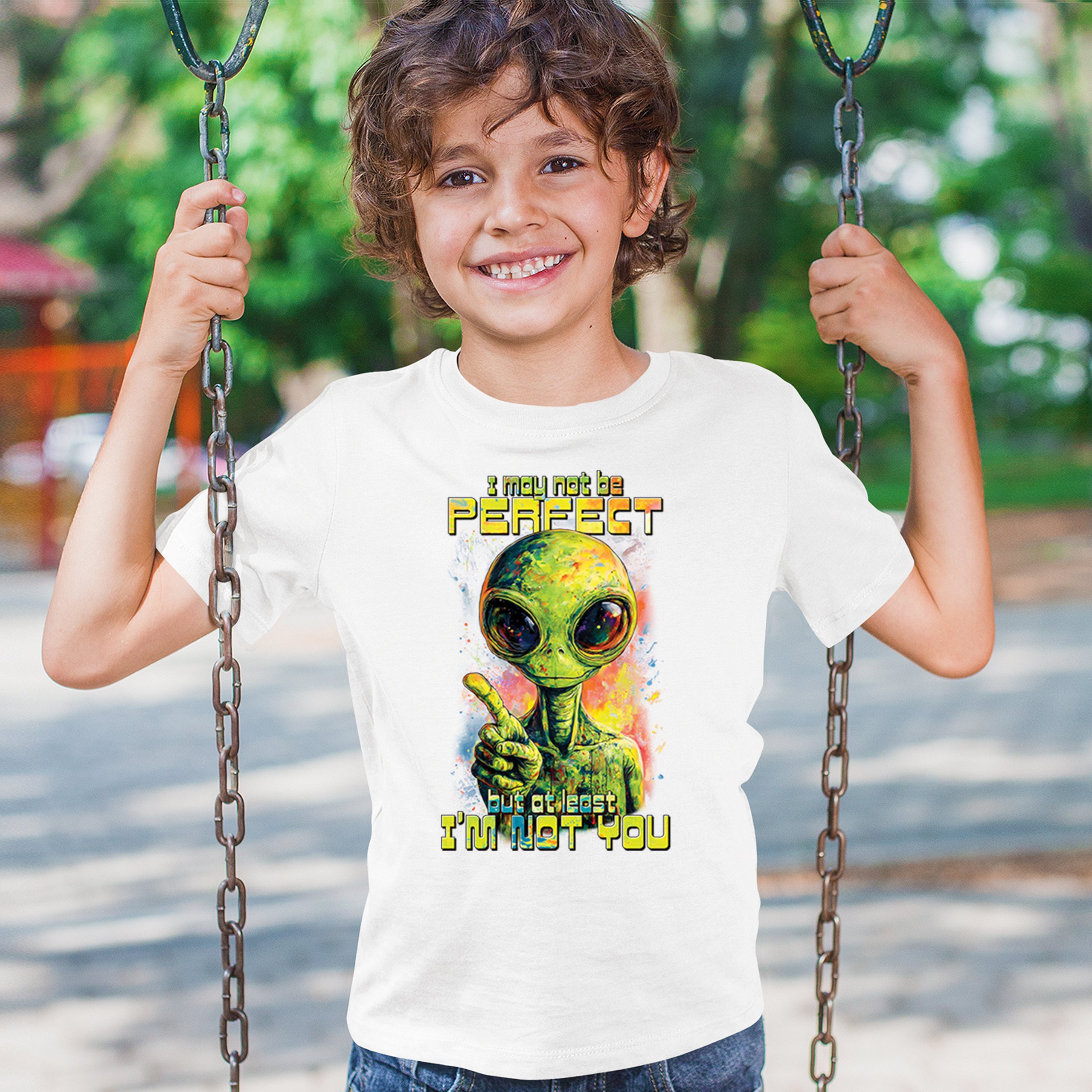 Not Perfect but at Least Not You Youth T-shirt Funny Alien UFO Humor Kids - Picture 26 of 50