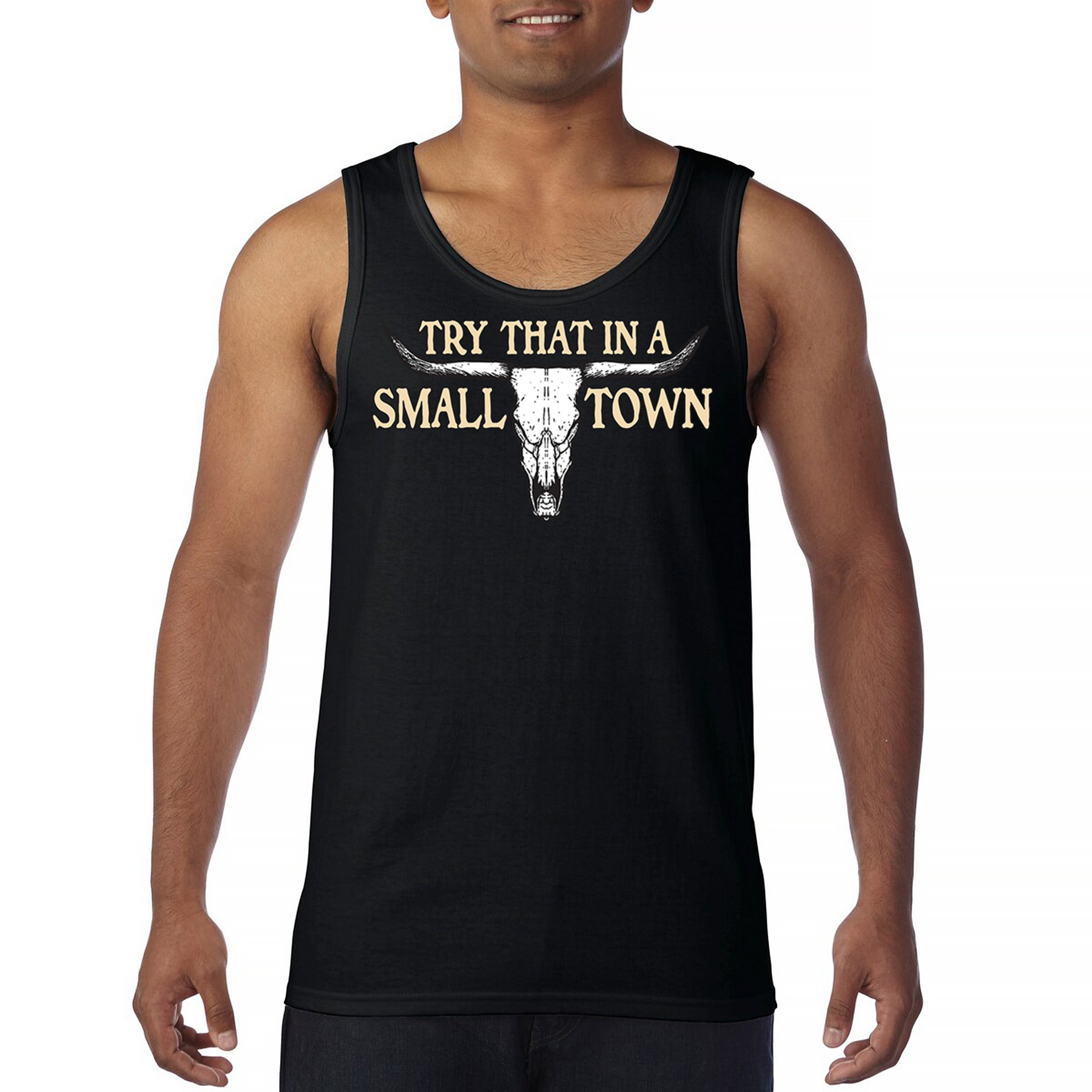 Try That in a Small Town Cattle Skull Tank Top American Patriotic US Men's Top - Picture 2 of 43