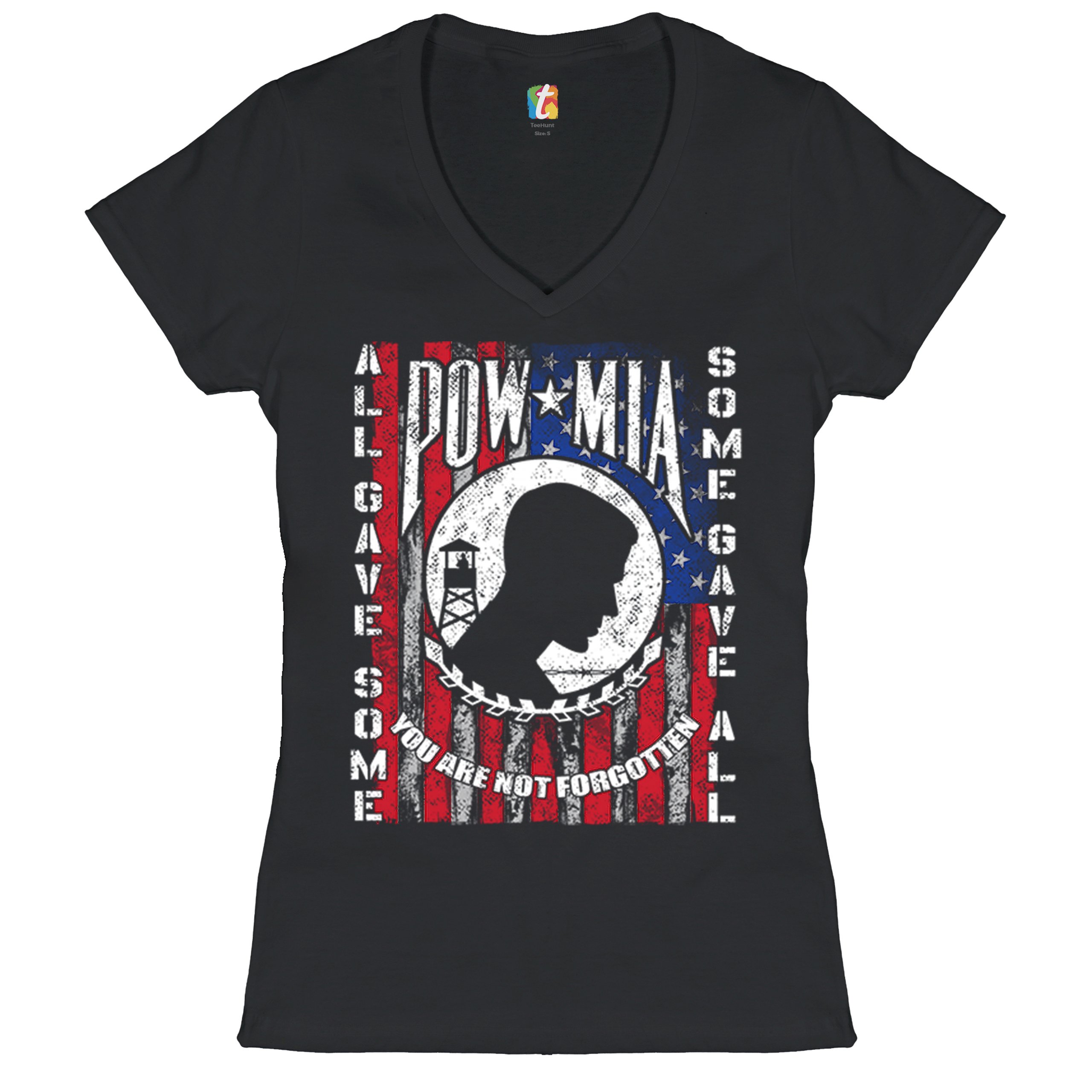 POW MIA You Are Not Forgotten Women's V-Neck T-shirt American Flag Veteran Tee - Picture 2 of 25