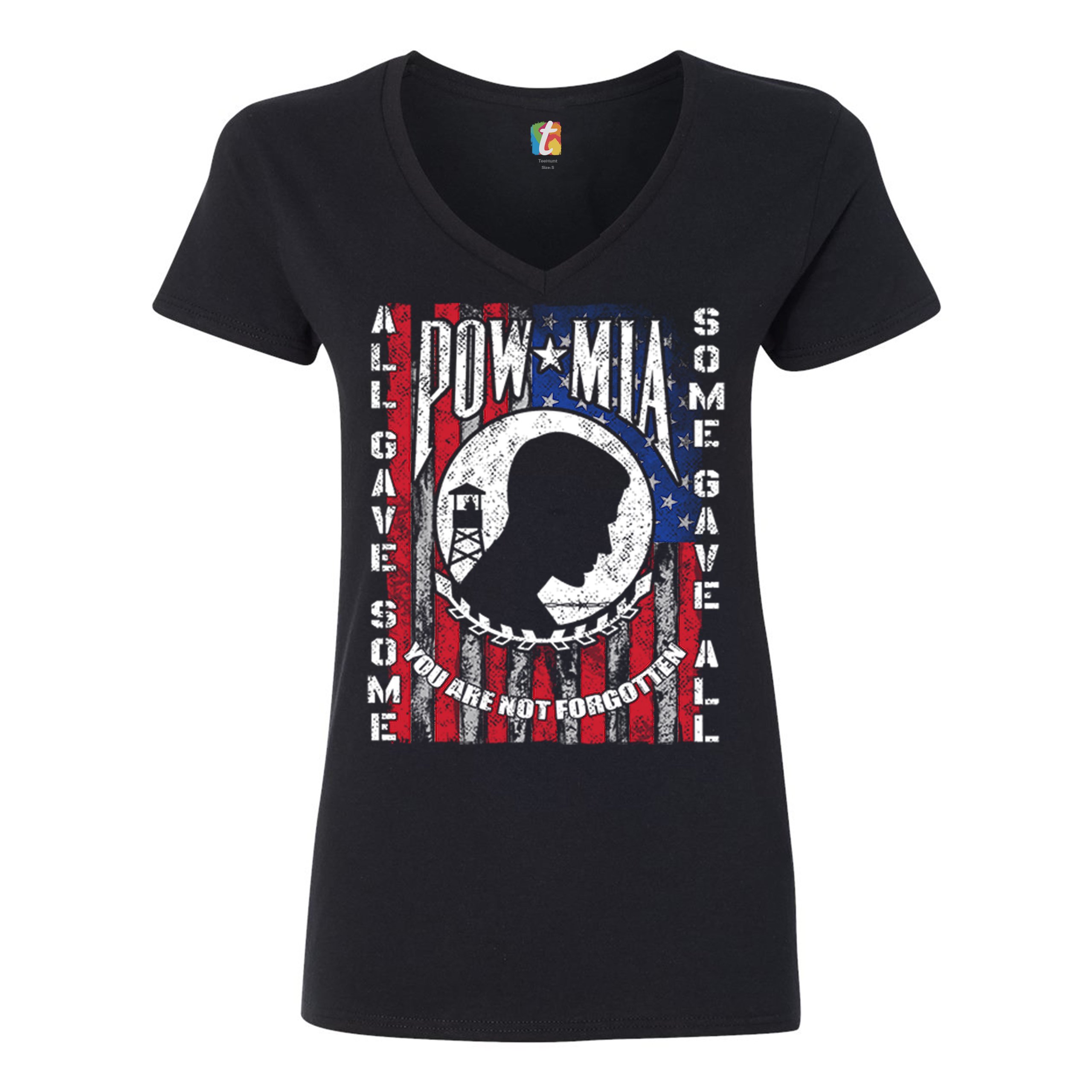 POW MIA You Are Not Forgotten Women's V-Neck T-shirt American Flag Veteran Tee - Picture 3 of 25