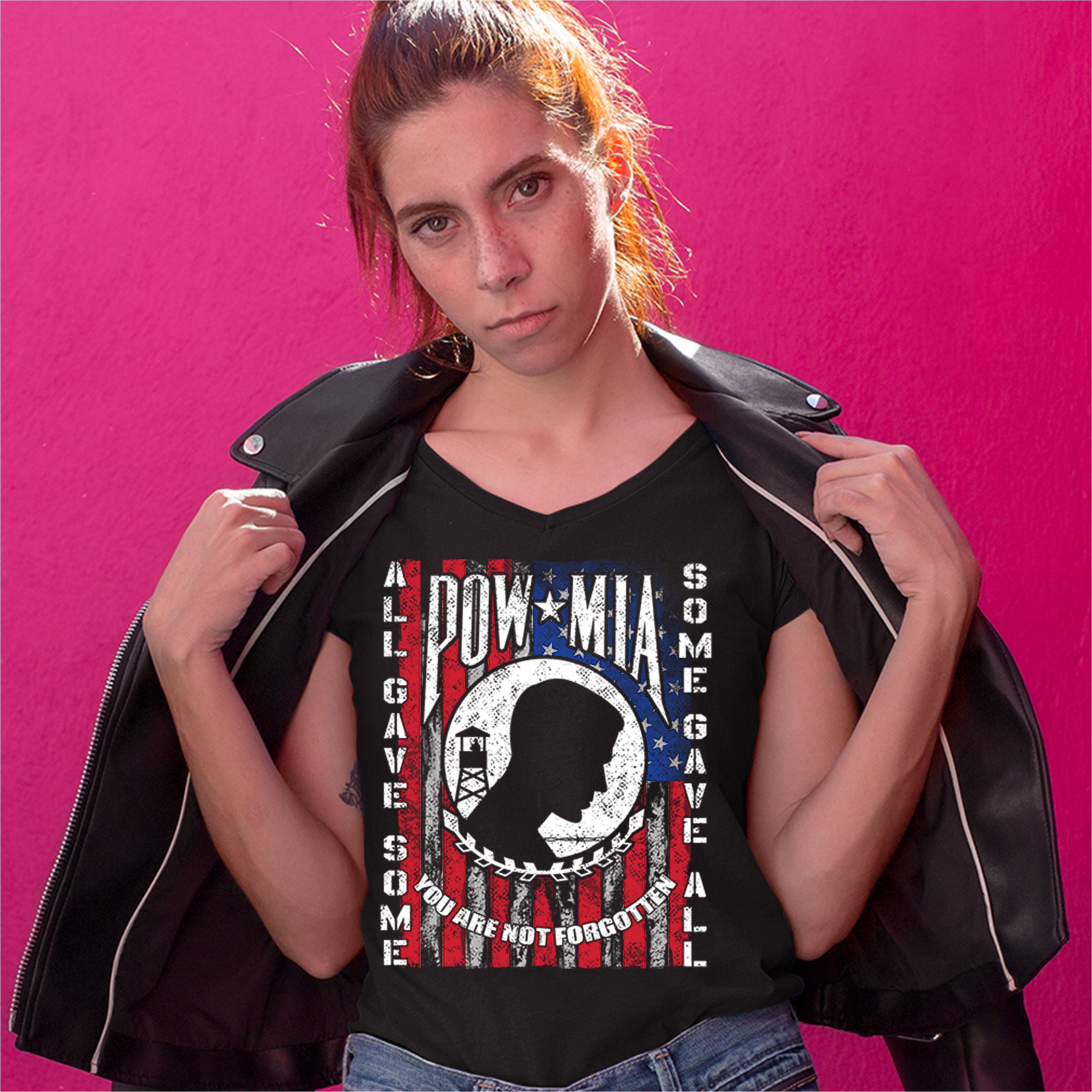 POW MIA You Are Not Forgotten Women's V-Neck T-shirt American Flag Veteran Tee - Picture 5 of 25