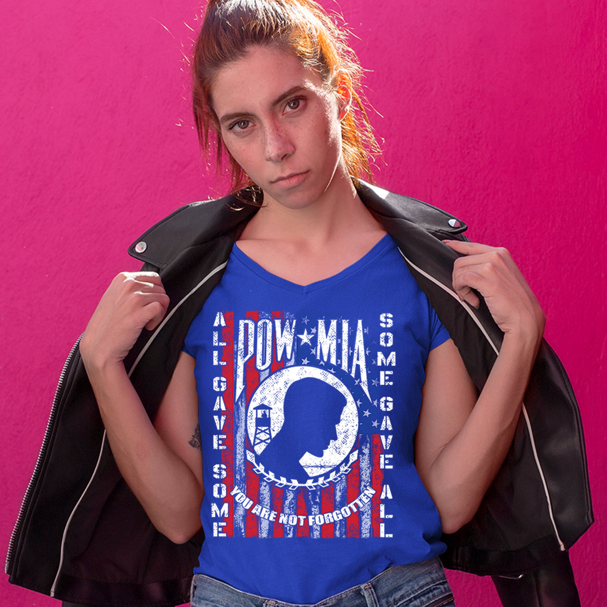 POW MIA You Are Not Forgotten Women's V-Neck T-shirt American Flag Veteran Tee - Picture 21 of 25