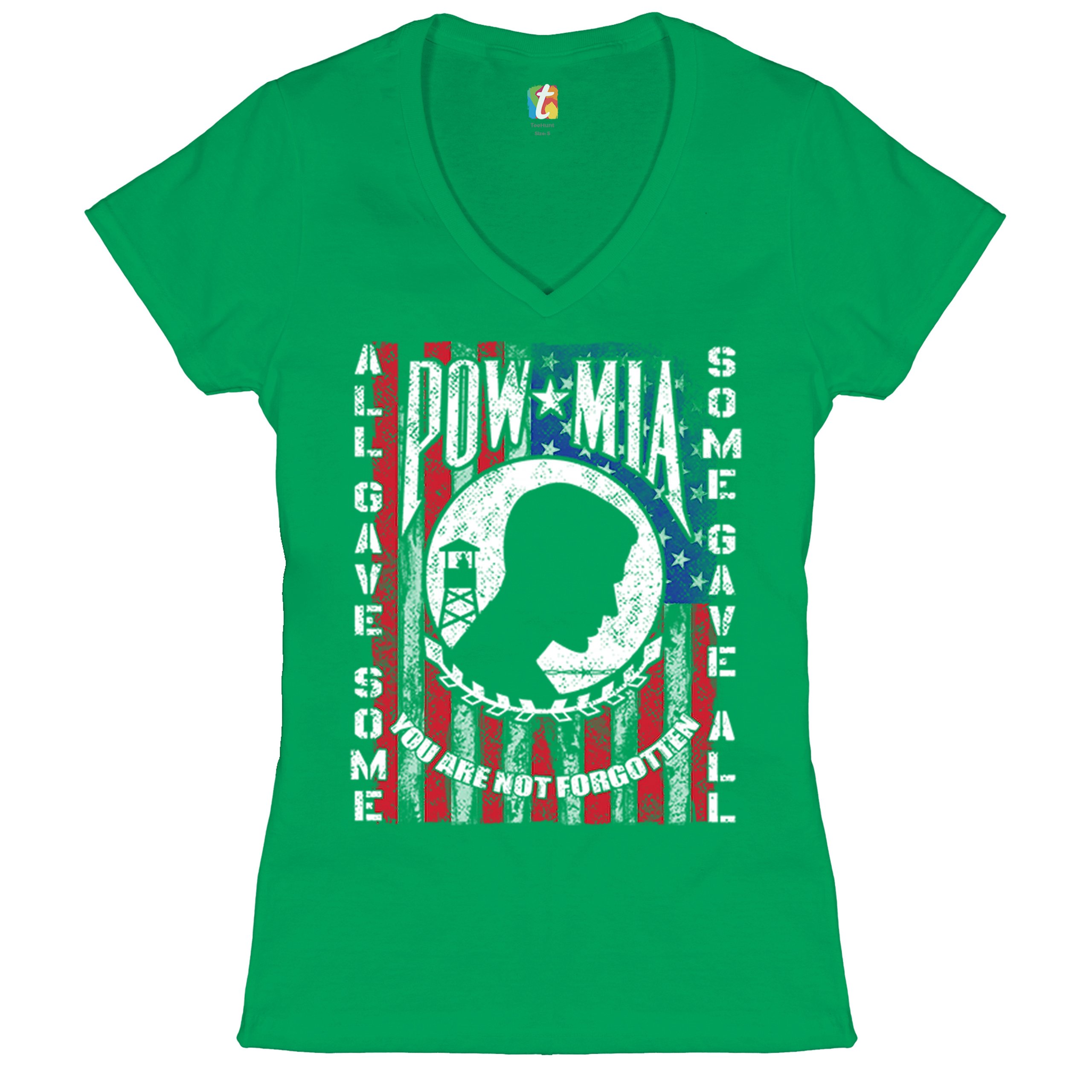 POW MIA You Are Not Forgotten Women's V-Neck T-shirt American Flag Veteran Tee - Picture 14 of 25