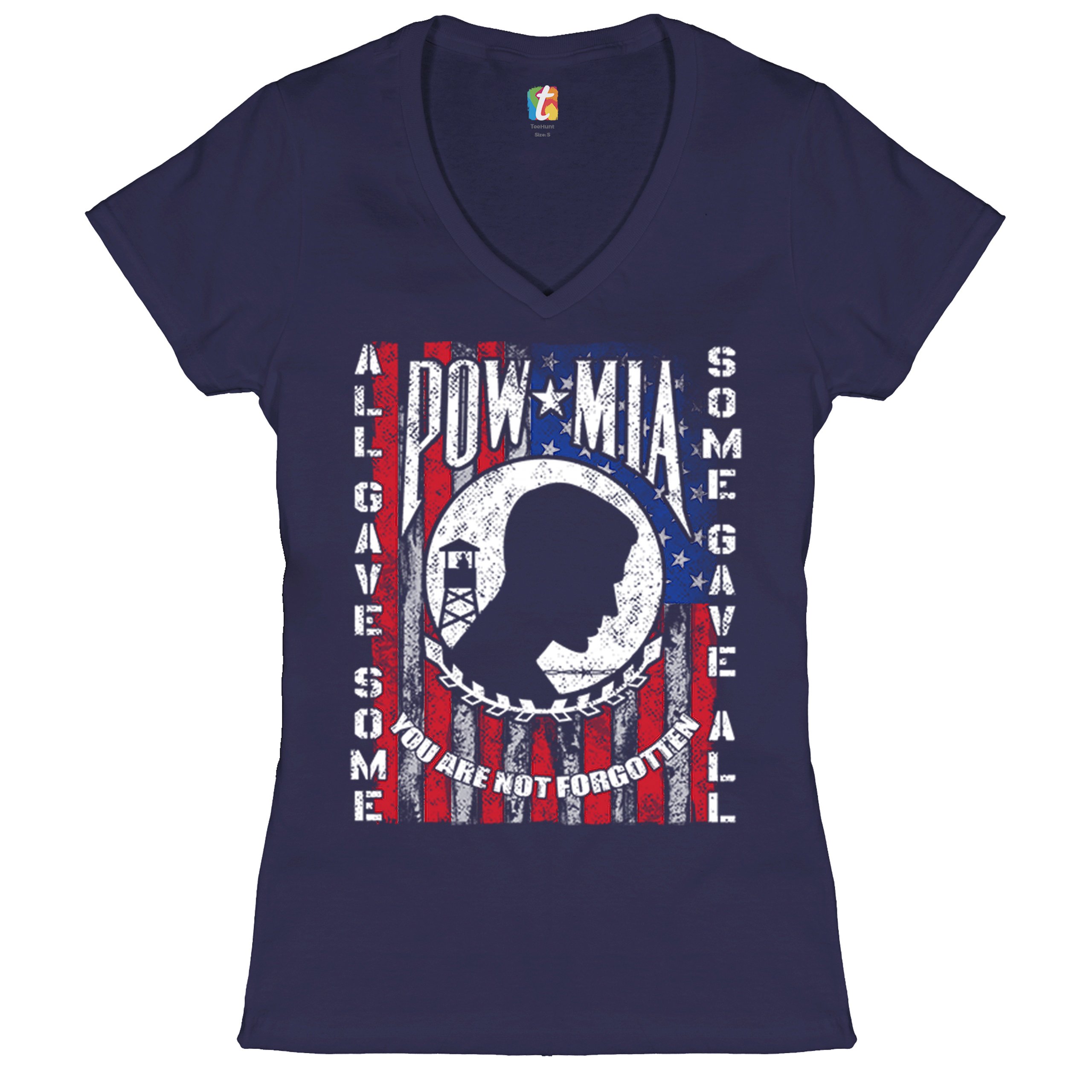 POW MIA You Are Not Forgotten Women's V-Neck T-shirt American Flag Veteran Tee - Picture 10 of 25