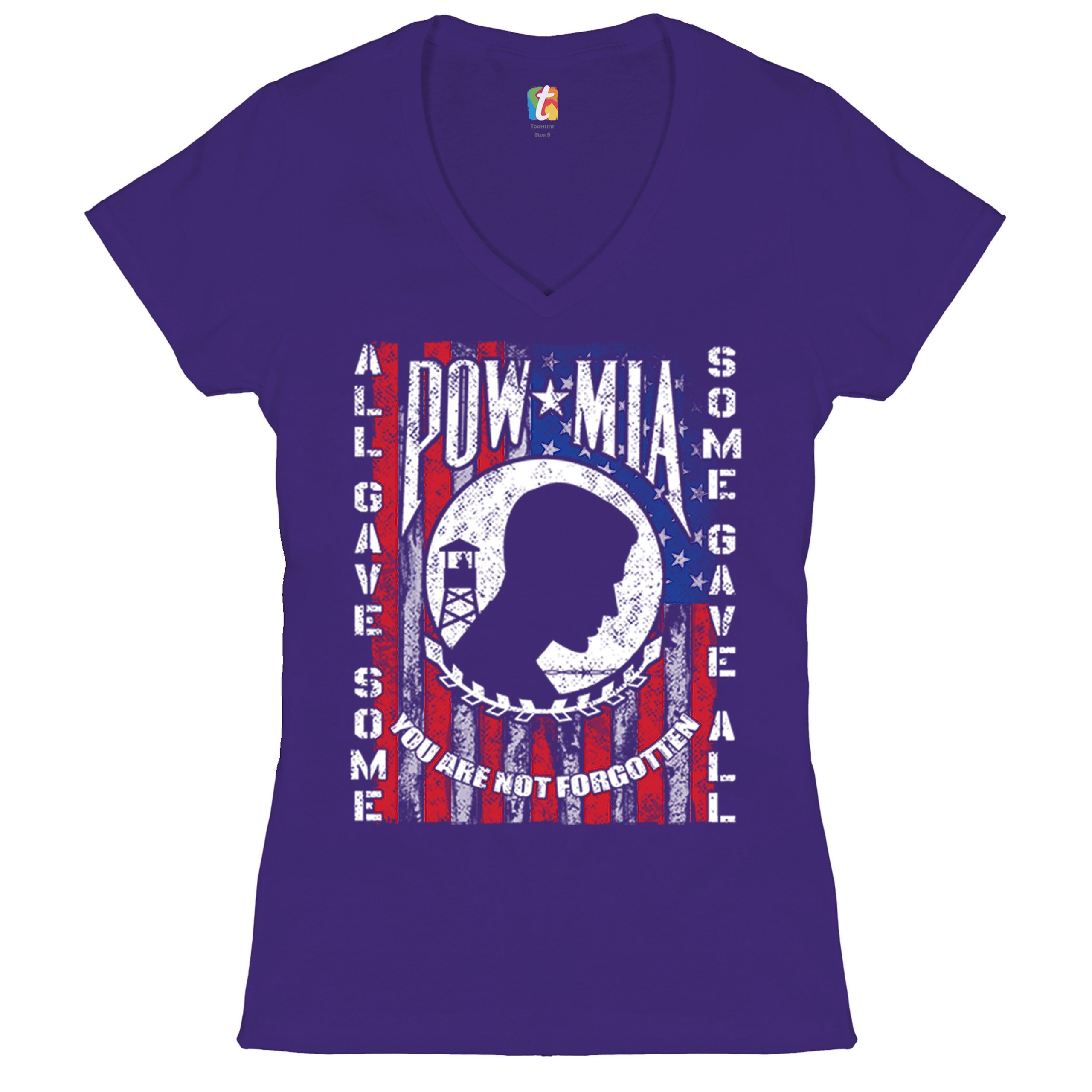 POW MIA You Are Not Forgotten Women's V-Neck T-shirt American Flag Veteran Tee - Picture 6 of 25