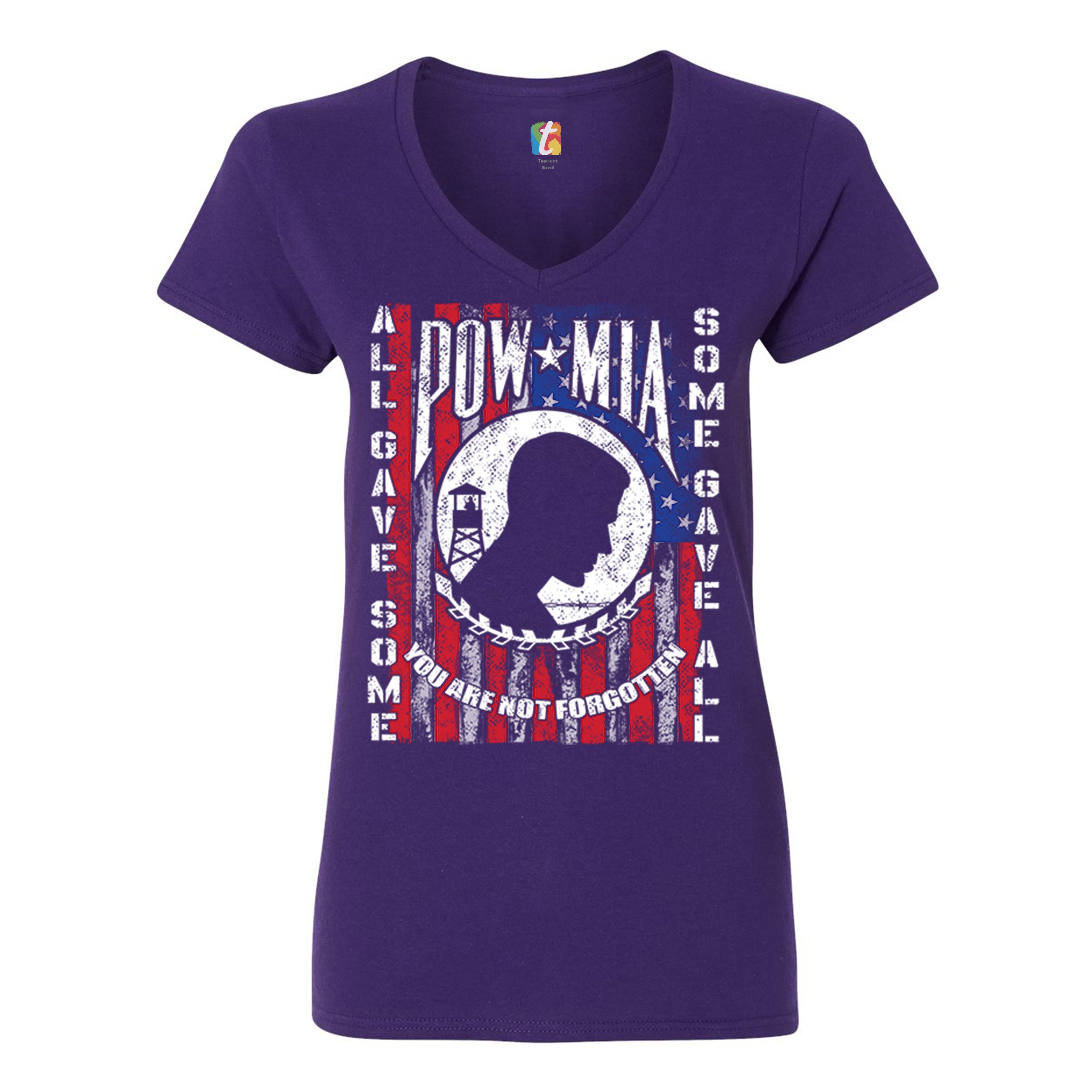POW MIA You Are Not Forgotten Women's V-Neck T-shirt American Flag Veteran Tee - Picture 7 of 25