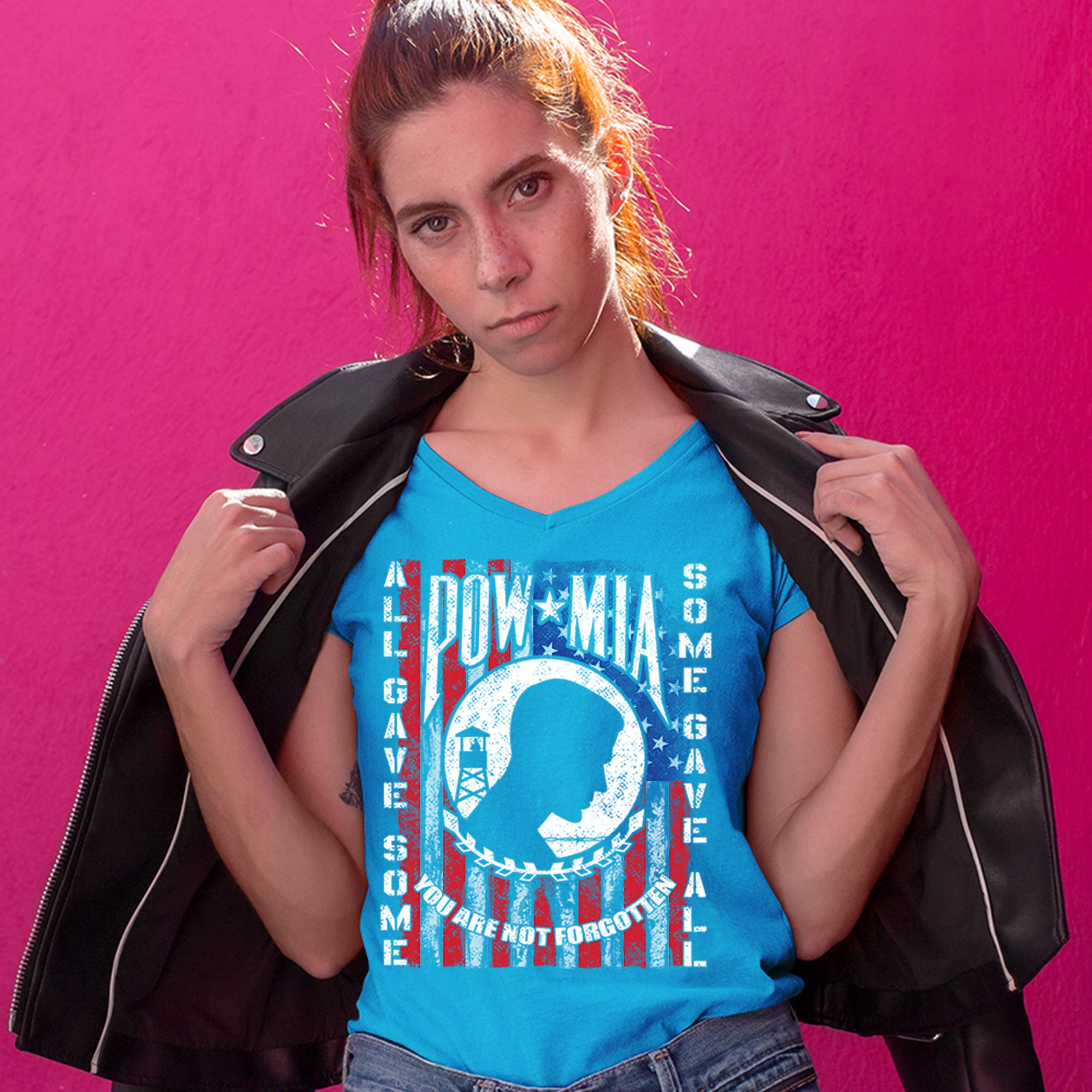 POW MIA You Are Not Forgotten Women's V-Neck T-shirt American Flag Veteran Tee - Picture 25 of 25