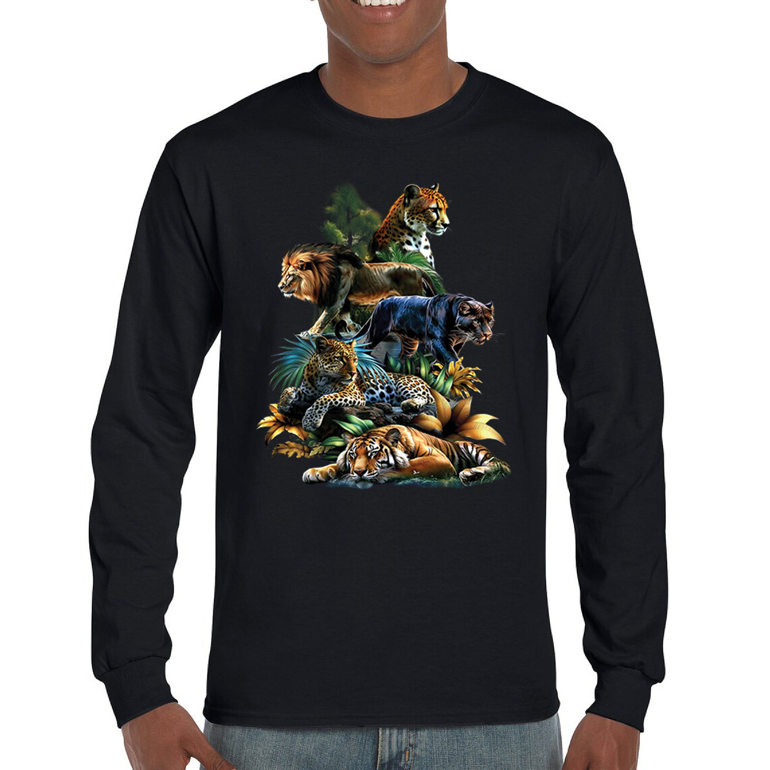 Big Cats Jungle Collage Long Sleeve T-shirt Lion Tiger Leopard Animal Jaguar