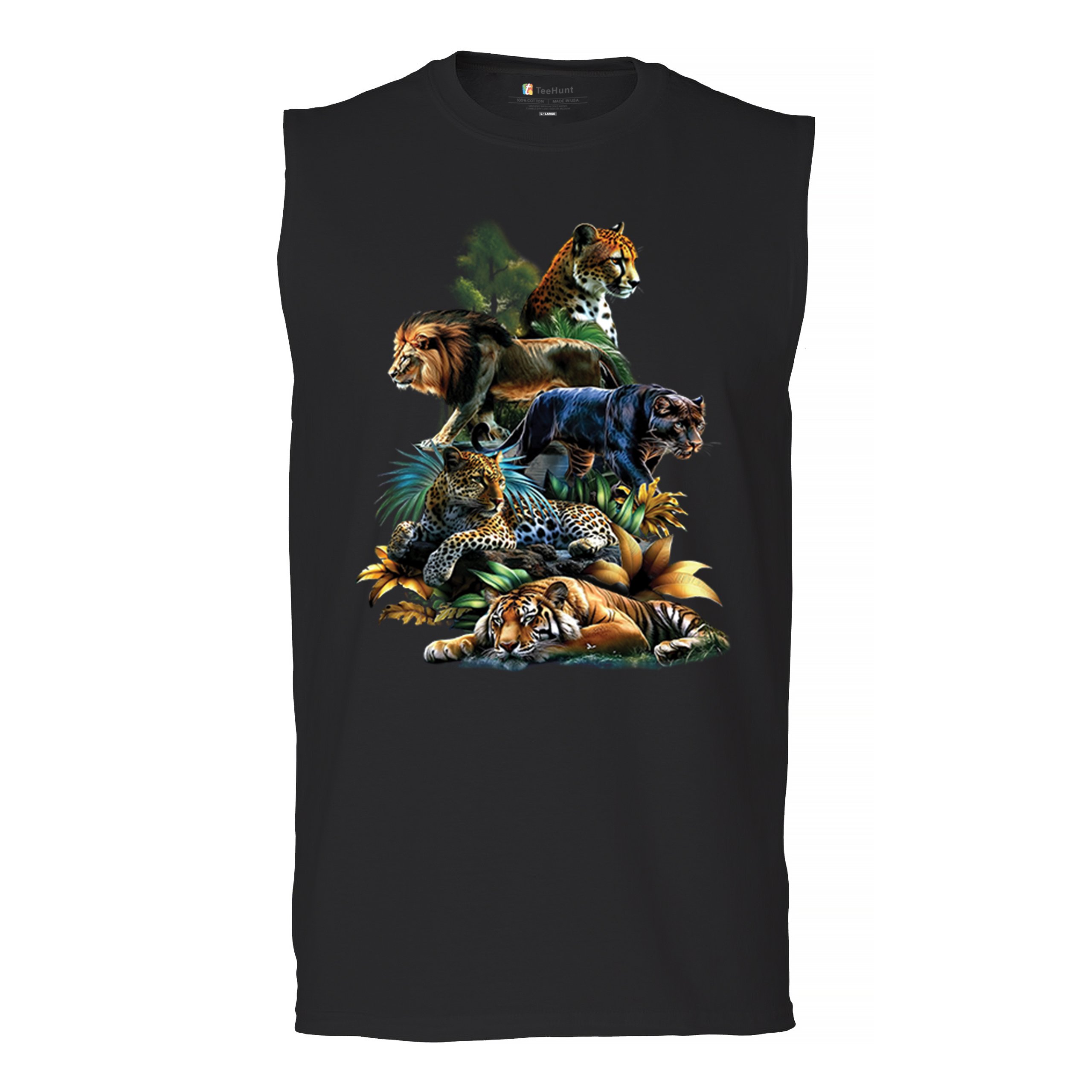 Big Cats Jungle Collage Muscle Shirt Lion Tiger Leopard Animal Jaguar Men’s