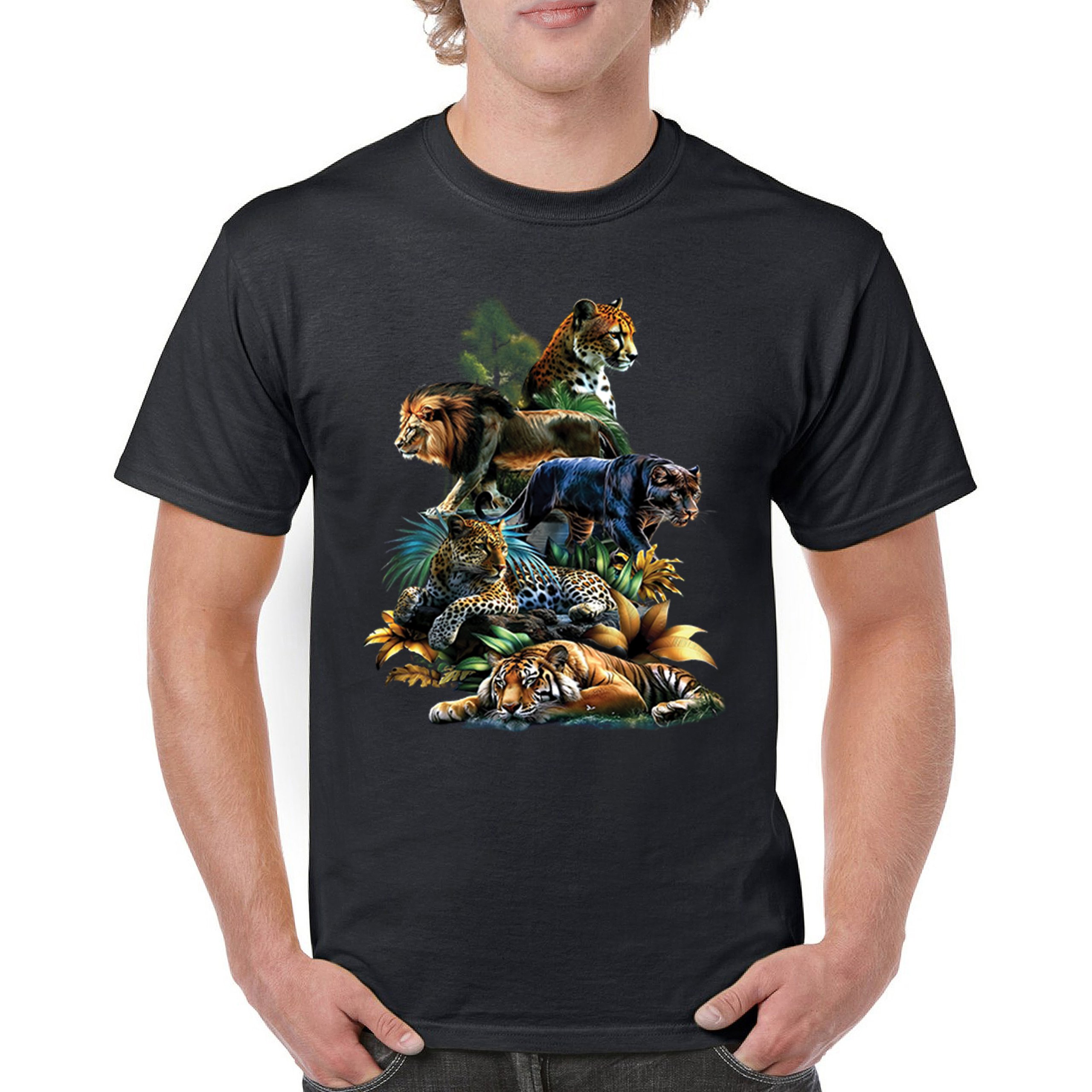 Big Cats Jungle Collage T-shirt Lion Tiger Leopard Animal Jaguar Men’s Tee
