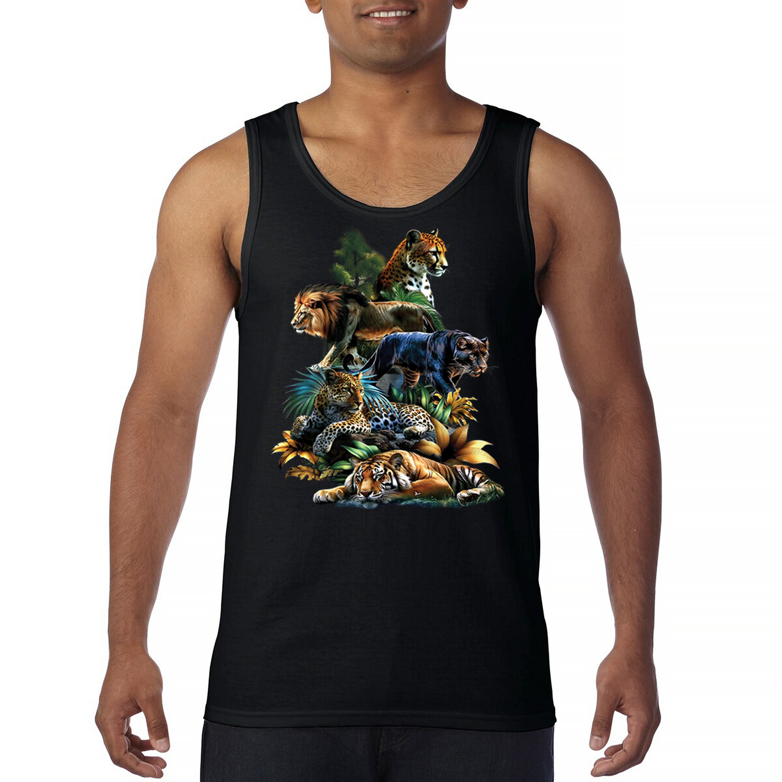 Big Cats Jungle Collage Tank Top Lion Tiger Leopard Animal Jaguar Men’s Top