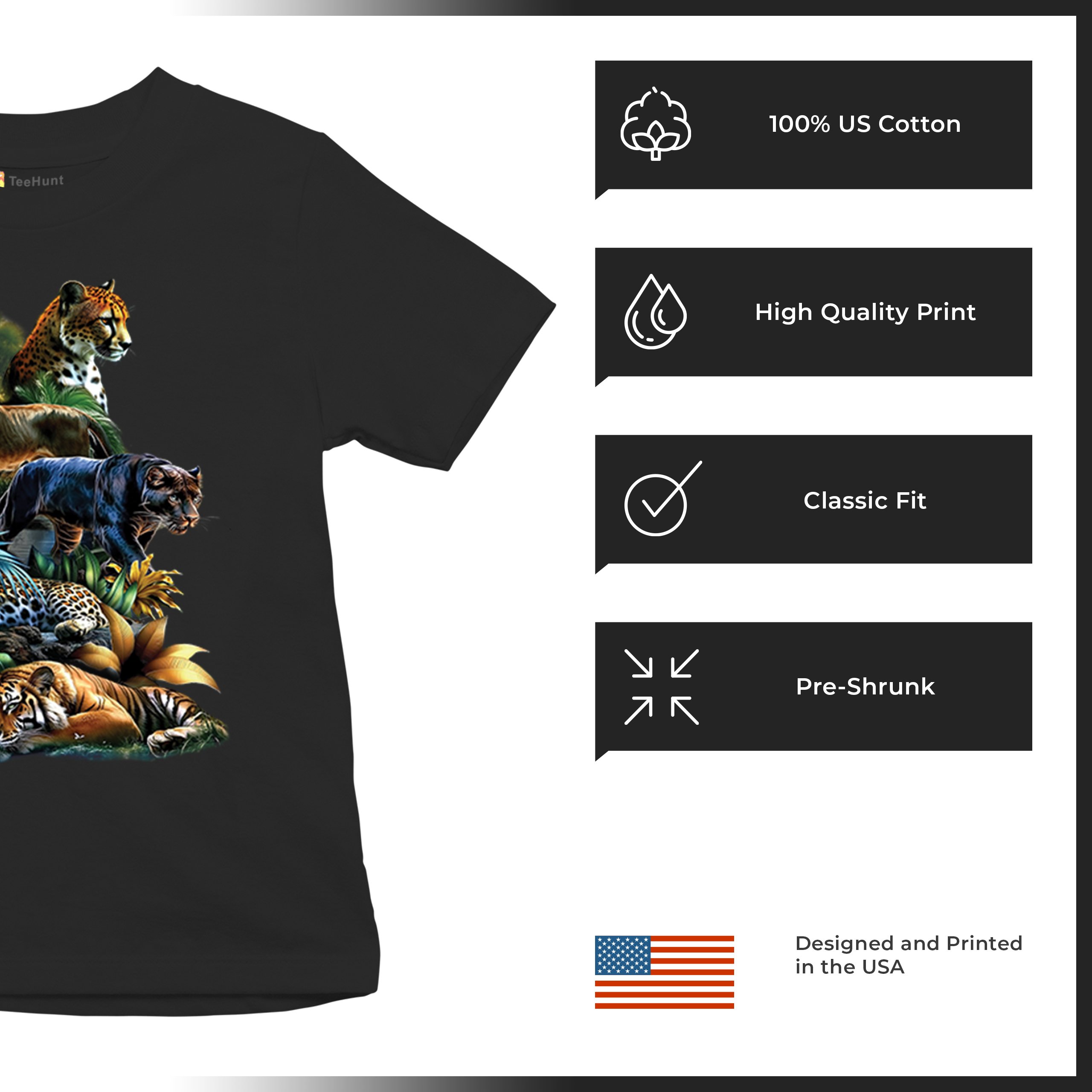 Big Cats Jungle Collage Youth T-shirt Lion Tiger Leopard Animal Jaguar Kids - Picture 7 of 50