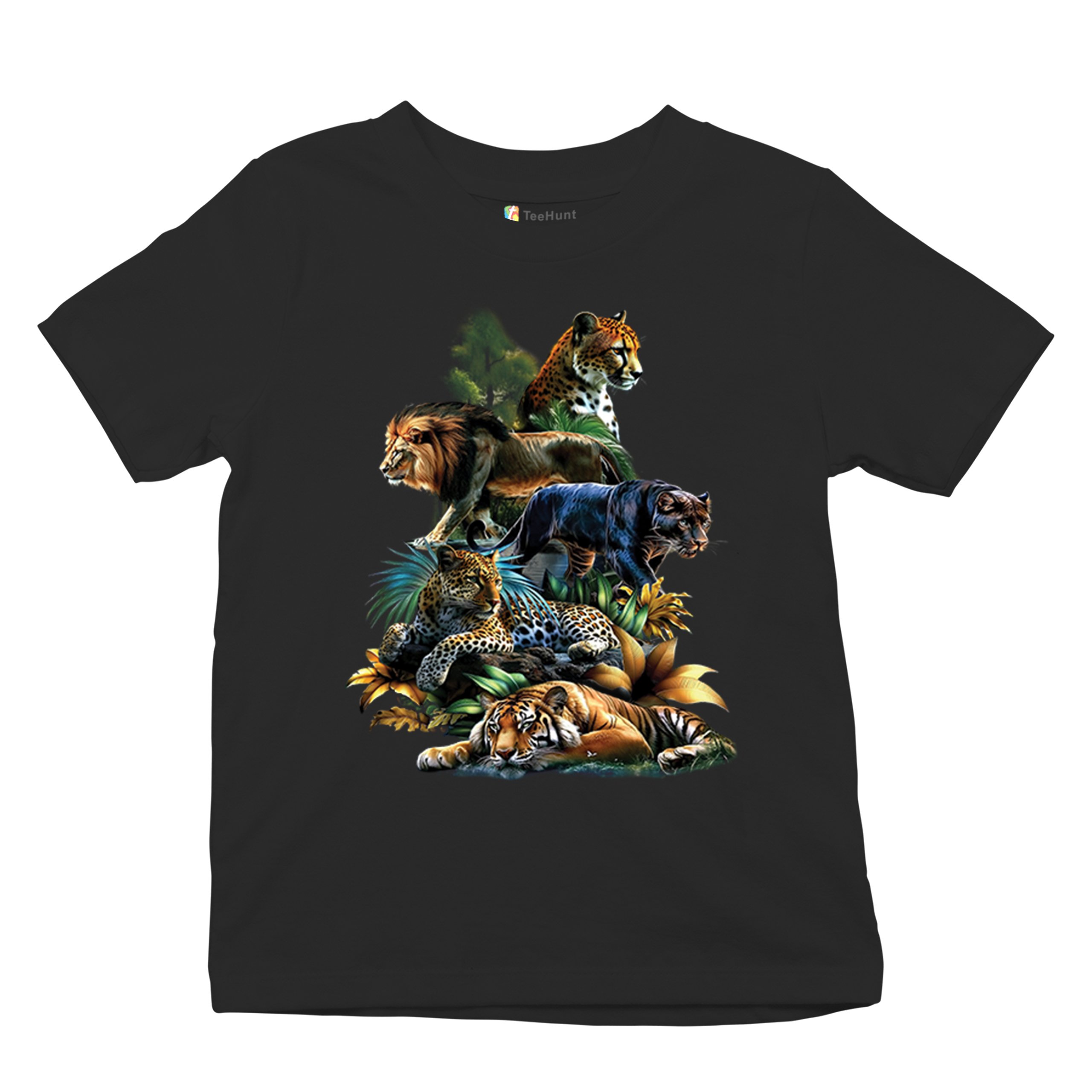 Big Cats Jungle Collage Youth T-shirt Lion Tiger Leopard Animal Jaguar Kids - Picture 6 of 50