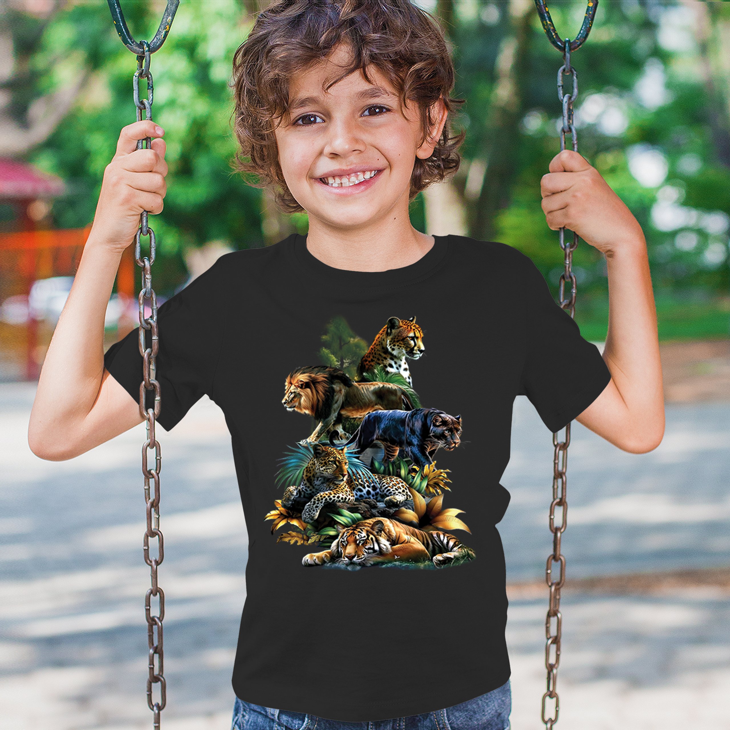 Big Cats Jungle Collage Youth T-shirt Lion Tiger Leopard Animal Jaguar Kids - Picture 5 of 50