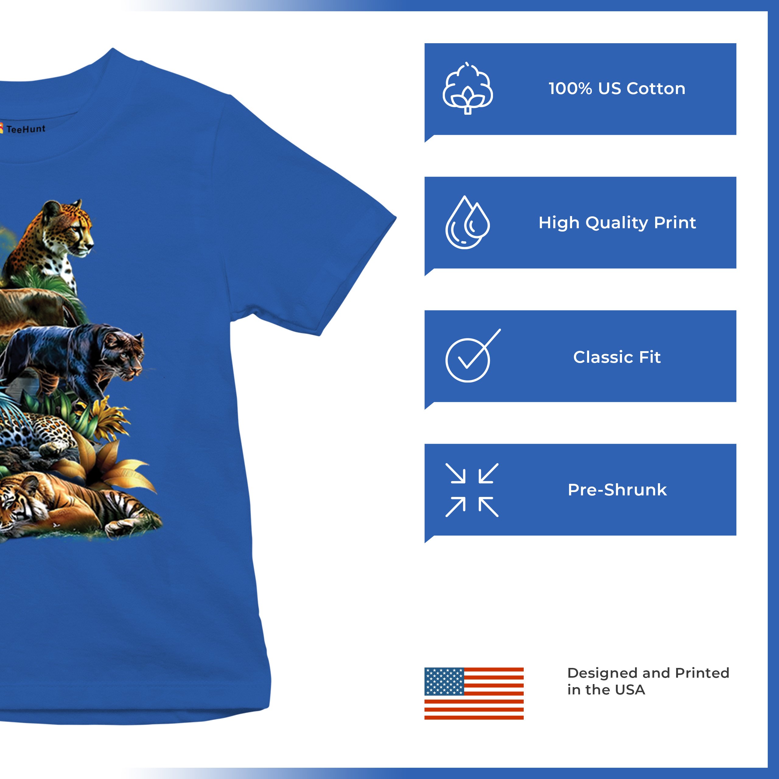 Big Cats Jungle Collage Youth T-shirt Lion Tiger Leopard Animal Jaguar Kids - Picture 42 of 50
