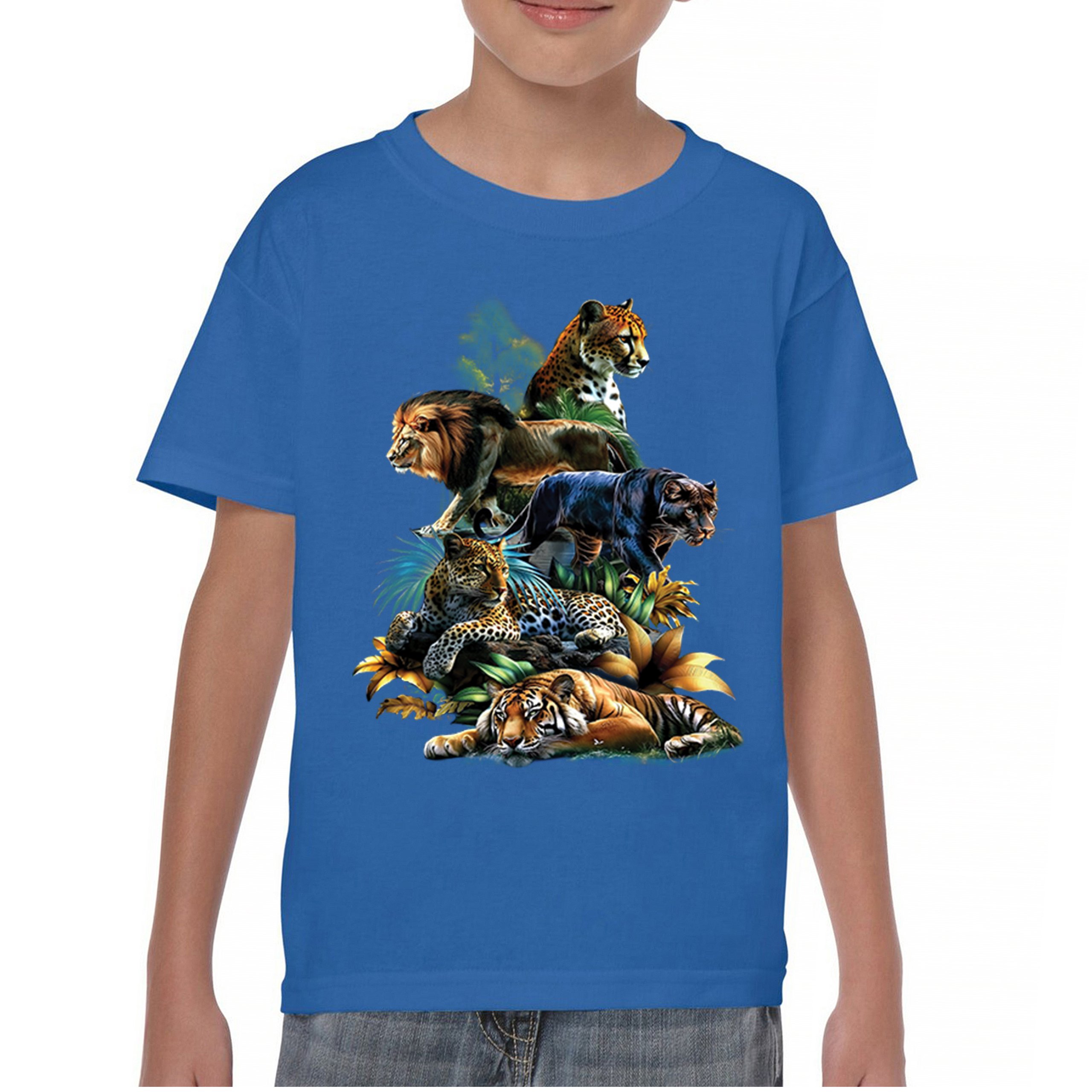 Big Cats Jungle Collage Youth T-shirt Lion Tiger Leopard Animal Jaguar Kids - Picture 37 of 50