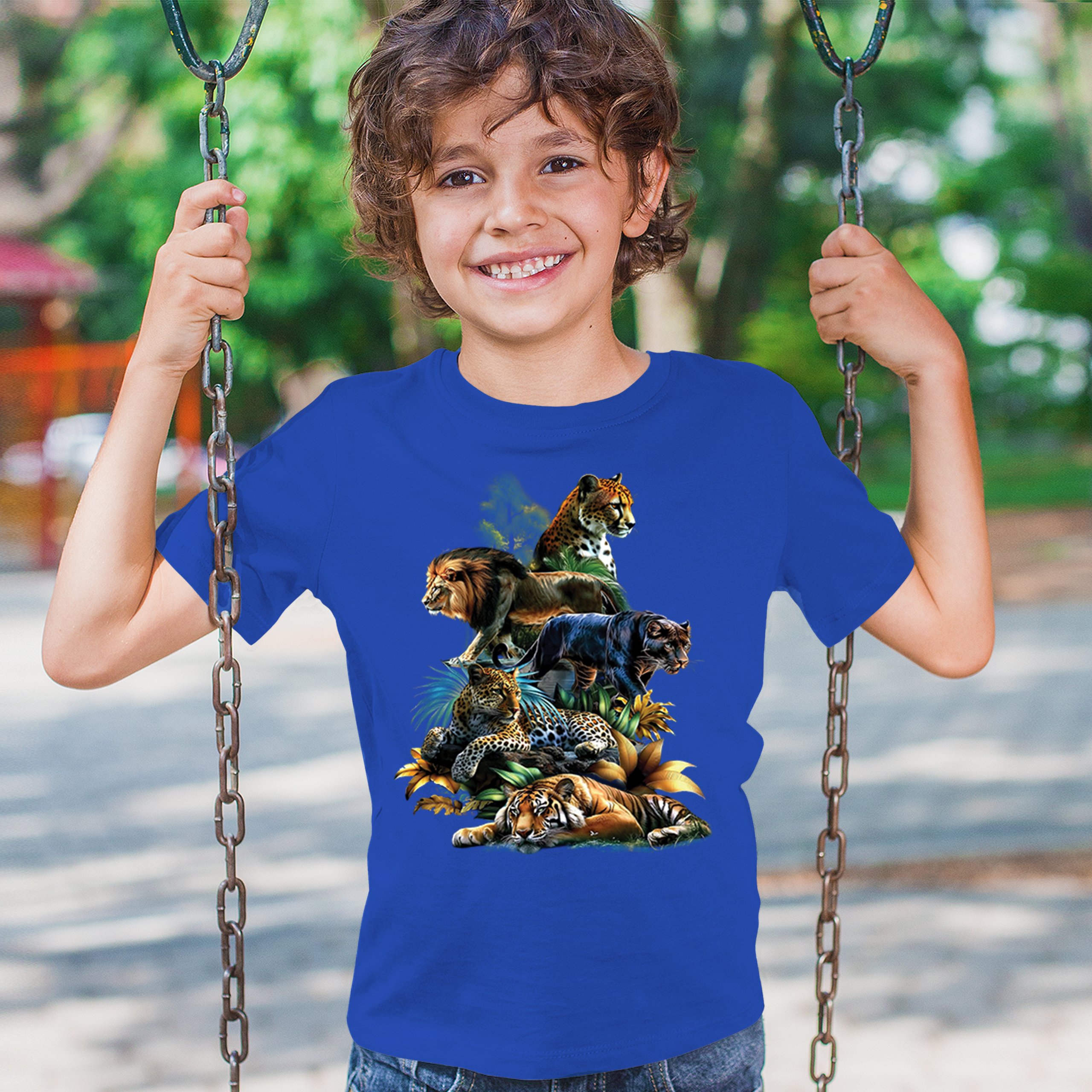 Big Cats Jungle Collage Youth T-shirt Lion Tiger Leopard Animal Jaguar Kids - Picture 40 of 50