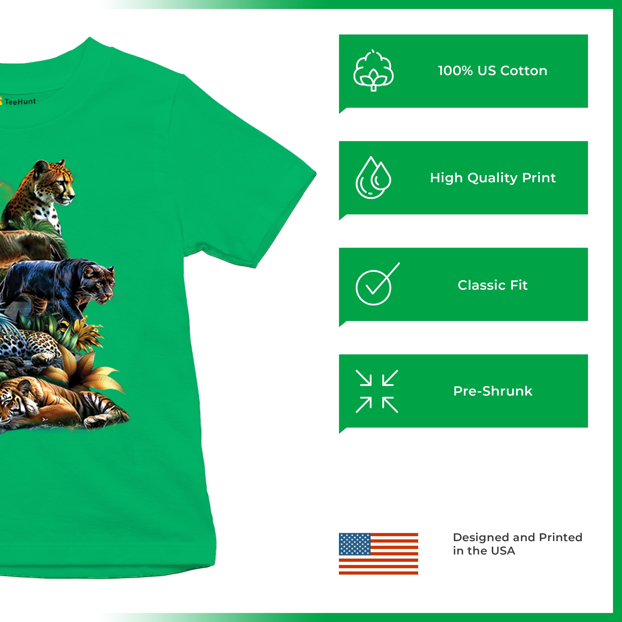 Big Cats Jungle Collage Youth T-shirt Lion Tiger Leopard Animal Jaguar Kids - Picture 35 of 50