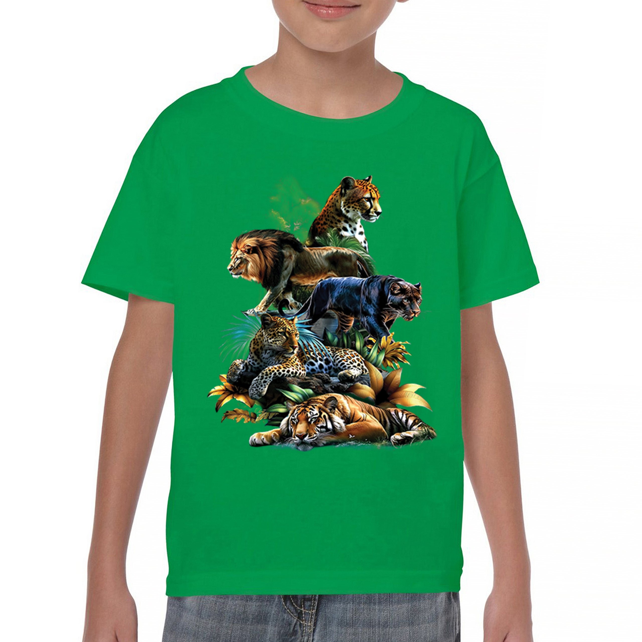 Big Cats Jungle Collage Youth T-shirt Lion Tiger Leopard Animal Jaguar Kids - Picture 30 of 50