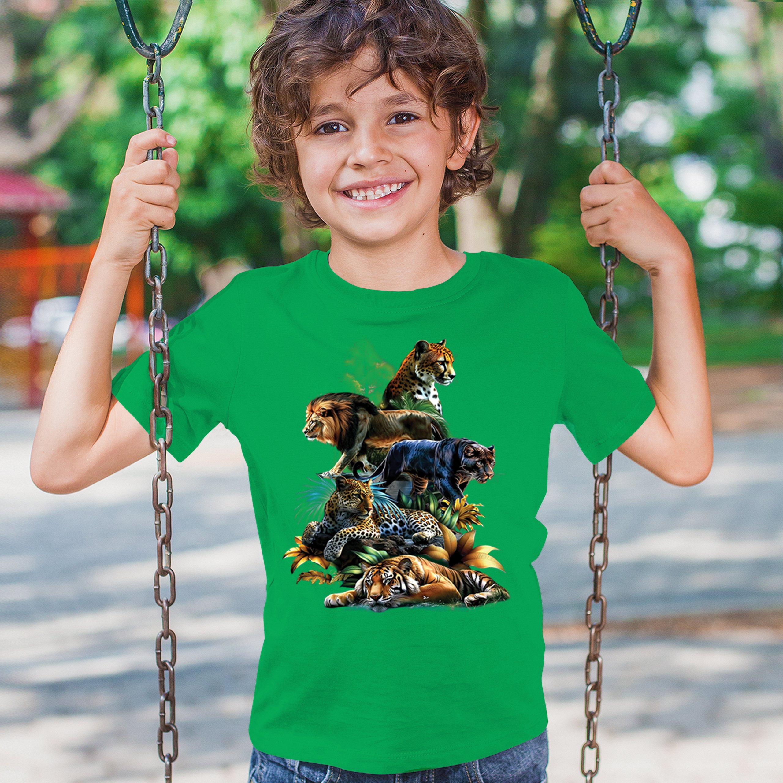Big Cats Jungle Collage Youth T-shirt Lion Tiger Leopard Animal Jaguar Kids - Picture 33 of 50