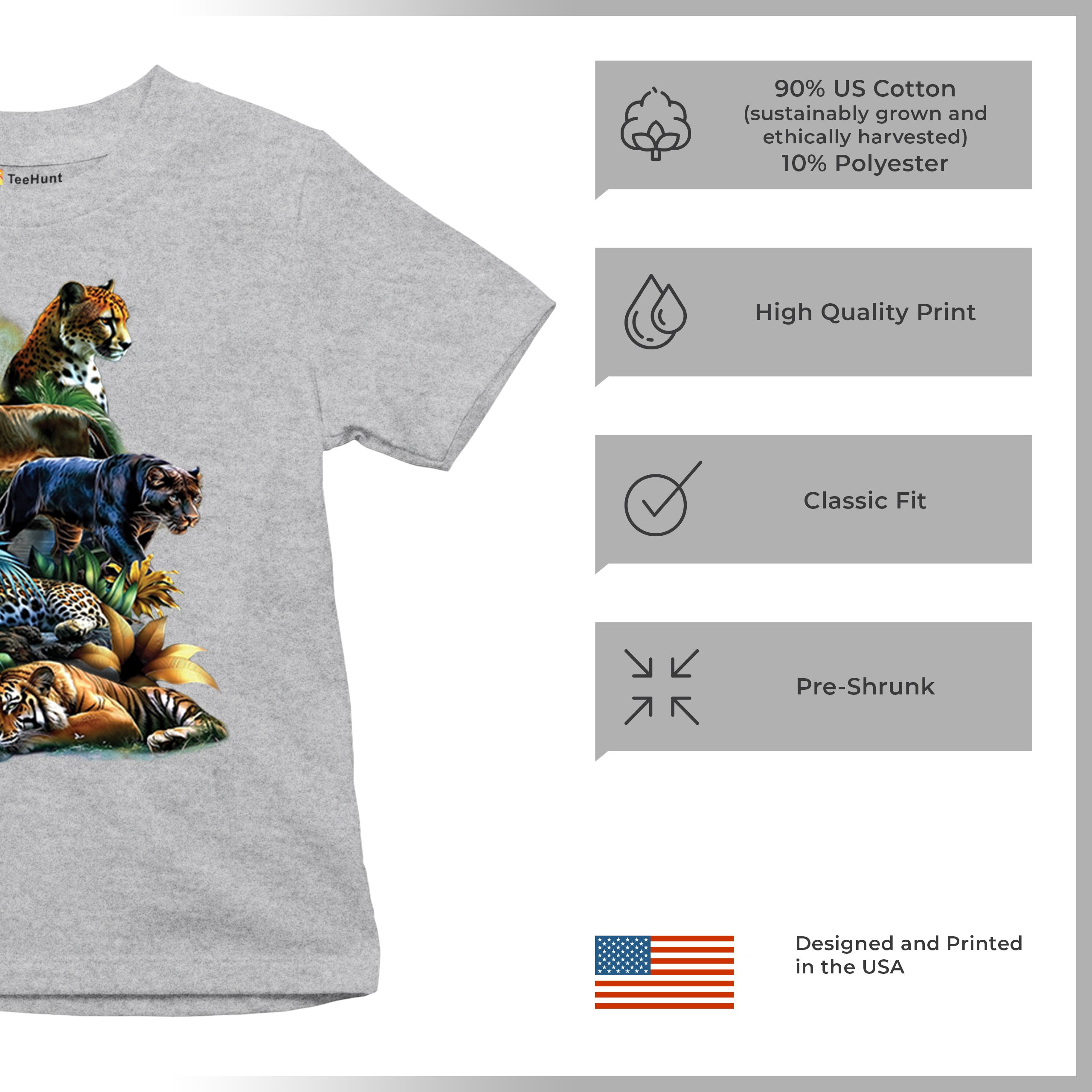 Big Cats Jungle Collage Youth T-shirt Lion Tiger Leopard Animal Jaguar Kids - Picture 14 of 50