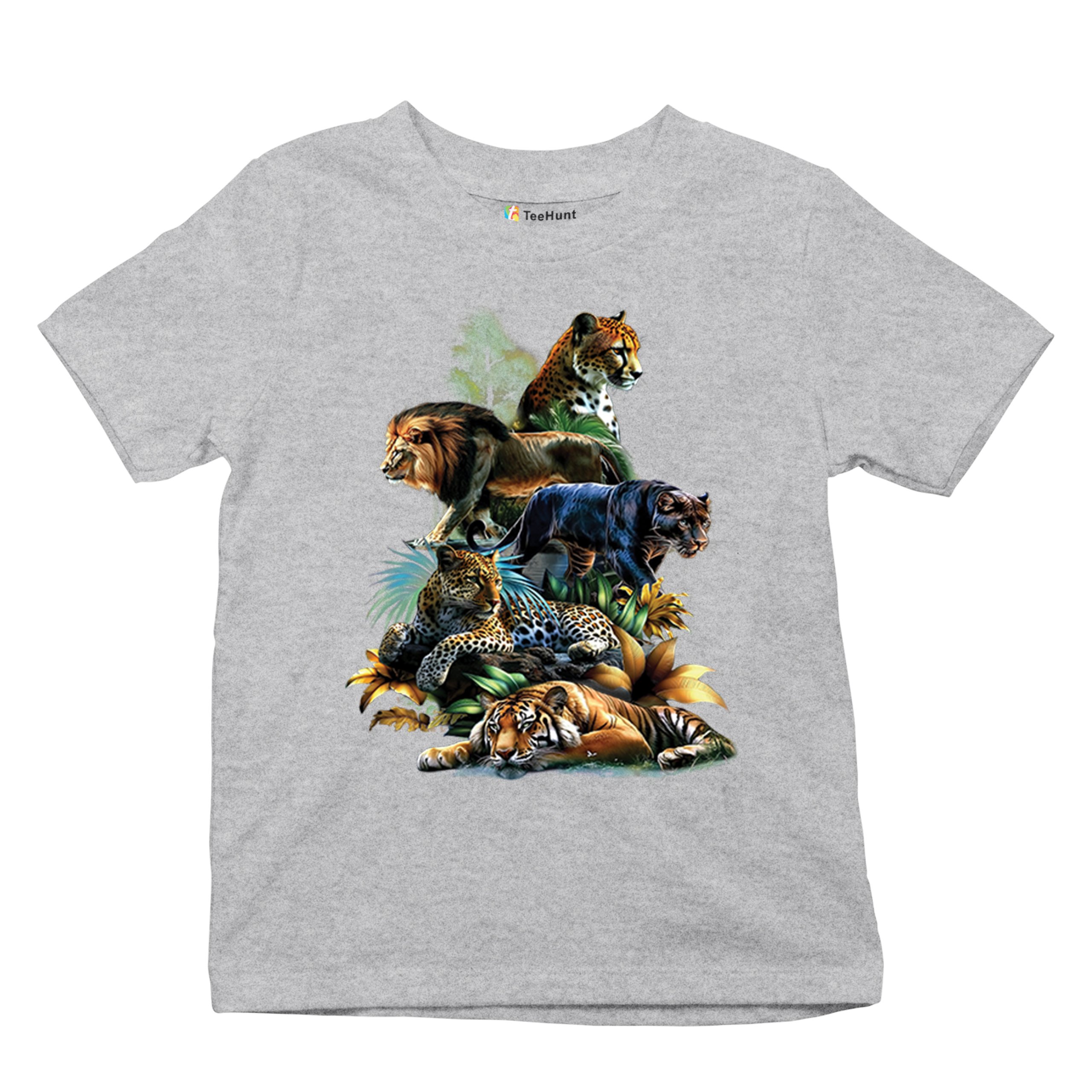 Big Cats Jungle Collage Youth T-shirt Lion Tiger Leopard Animal Jaguar Kids - Picture 13 of 50