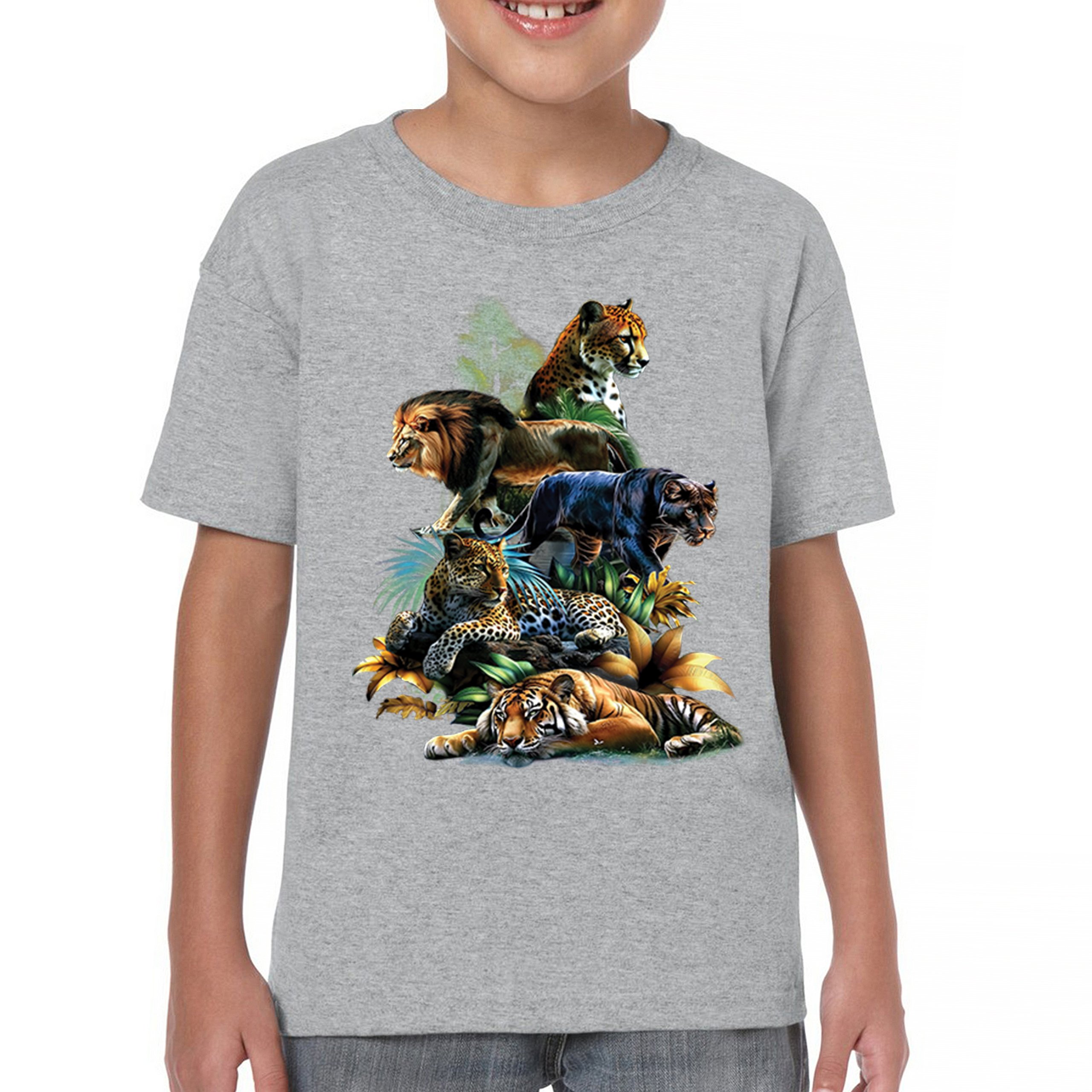 Big Cats Jungle Collage Youth T-shirt Lion Tiger Leopard Animal Jaguar Kids - Picture 9 of 50